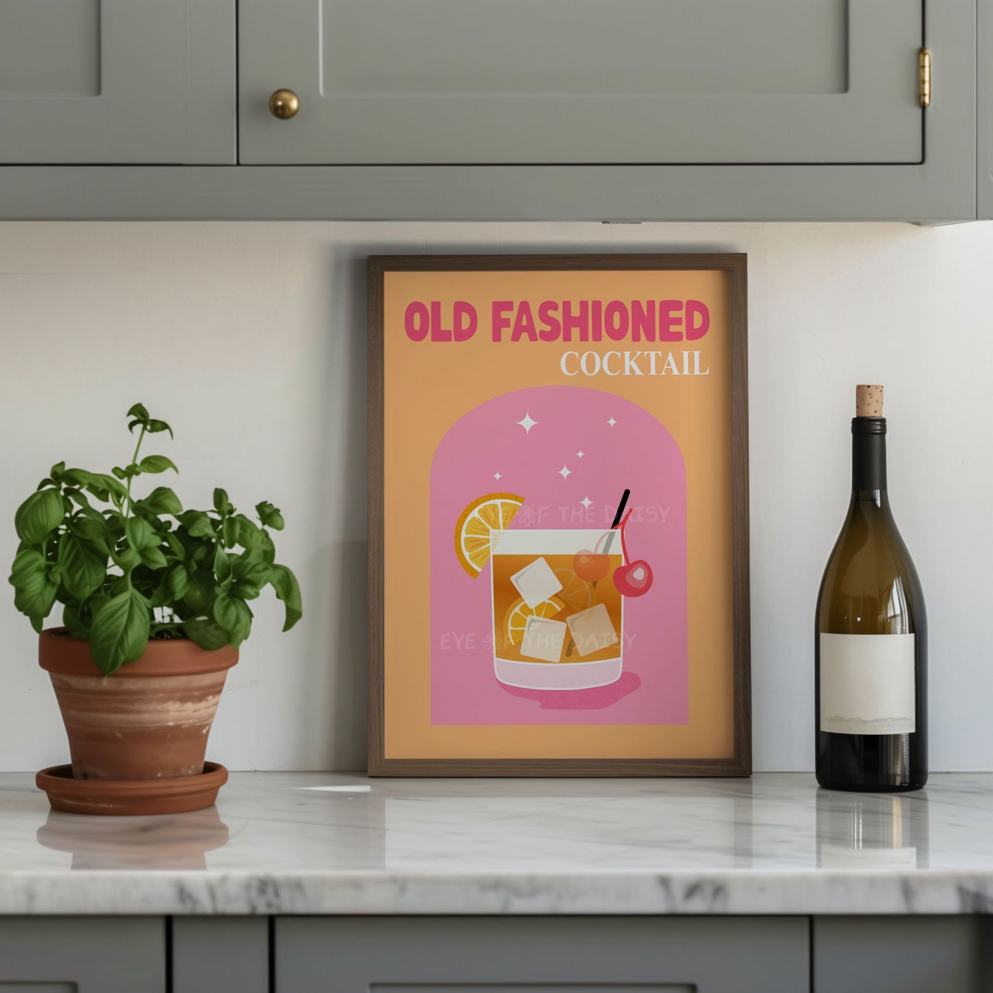 Printable Old Fashioned cocktail poster for modern kitchen decor, retro wall art in warm pink and orange tones, digital download drink art
