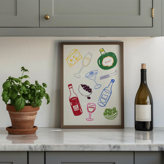 Trendy hand drawn wine bottle and cocktail glass sketch print - a great bar cart poster or funky kitchen wall decor