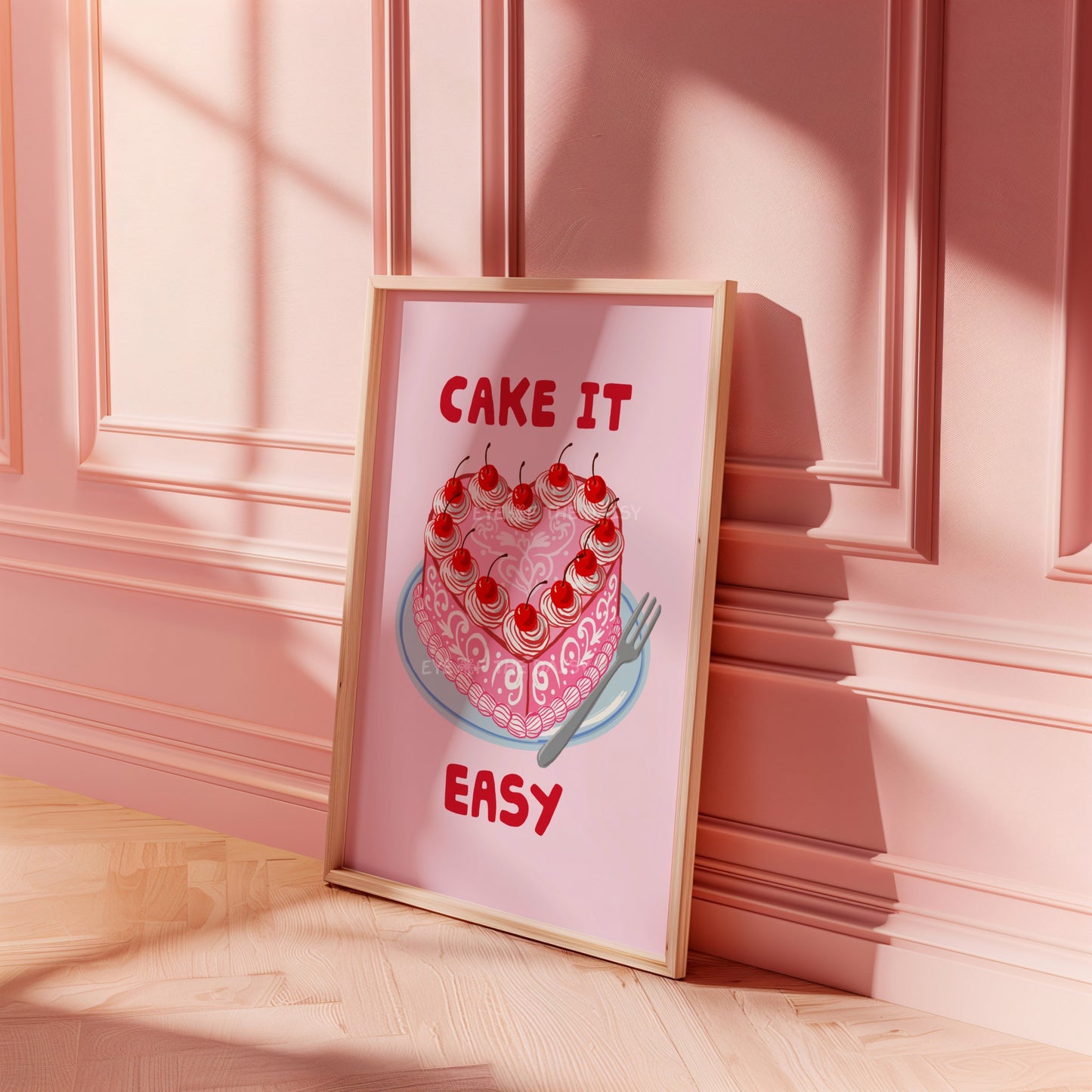 Girly coquette cake printable poster in pink and red with funny cake quote and hand drawn retro heart cake illustration