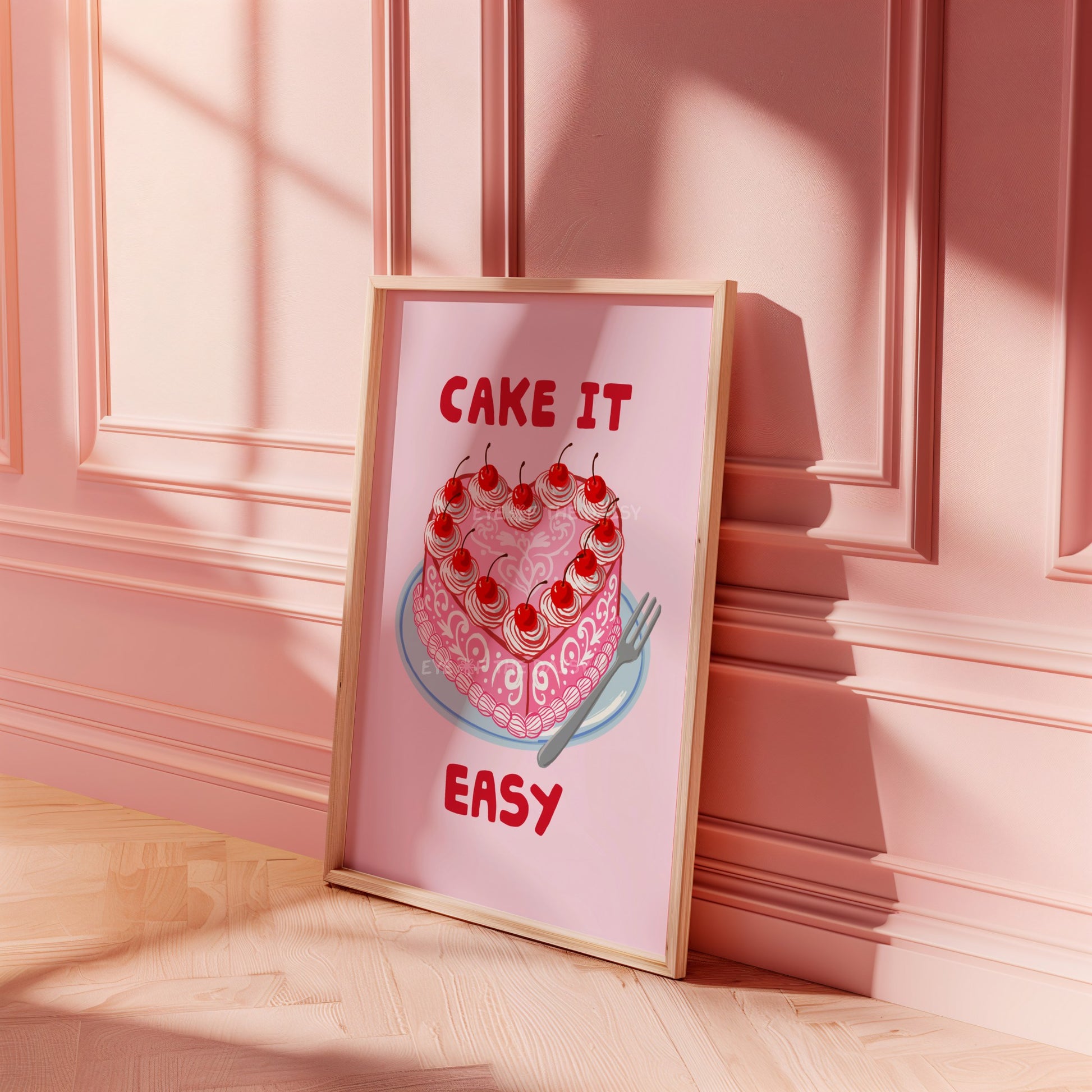 Girly coquette cake printable poster in pink and red with funny cake quote and hand drawn retro heart cake illustration