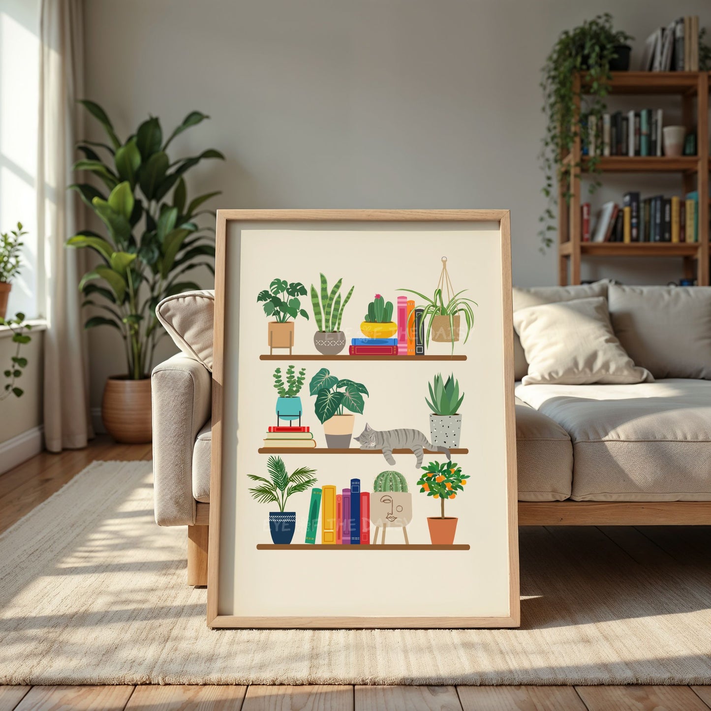 Printable cat and book shelf art – whimsical bookish digital wall decor for plant lovers and cozy reading corners