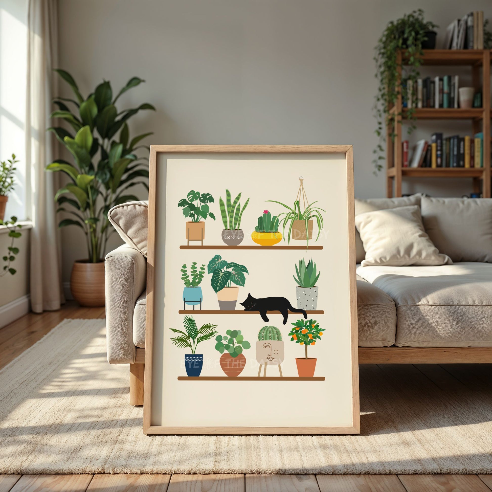 Black sleeping cat and plants print – boho printable wall art download, perfect for modern apartments or eclectic home decor