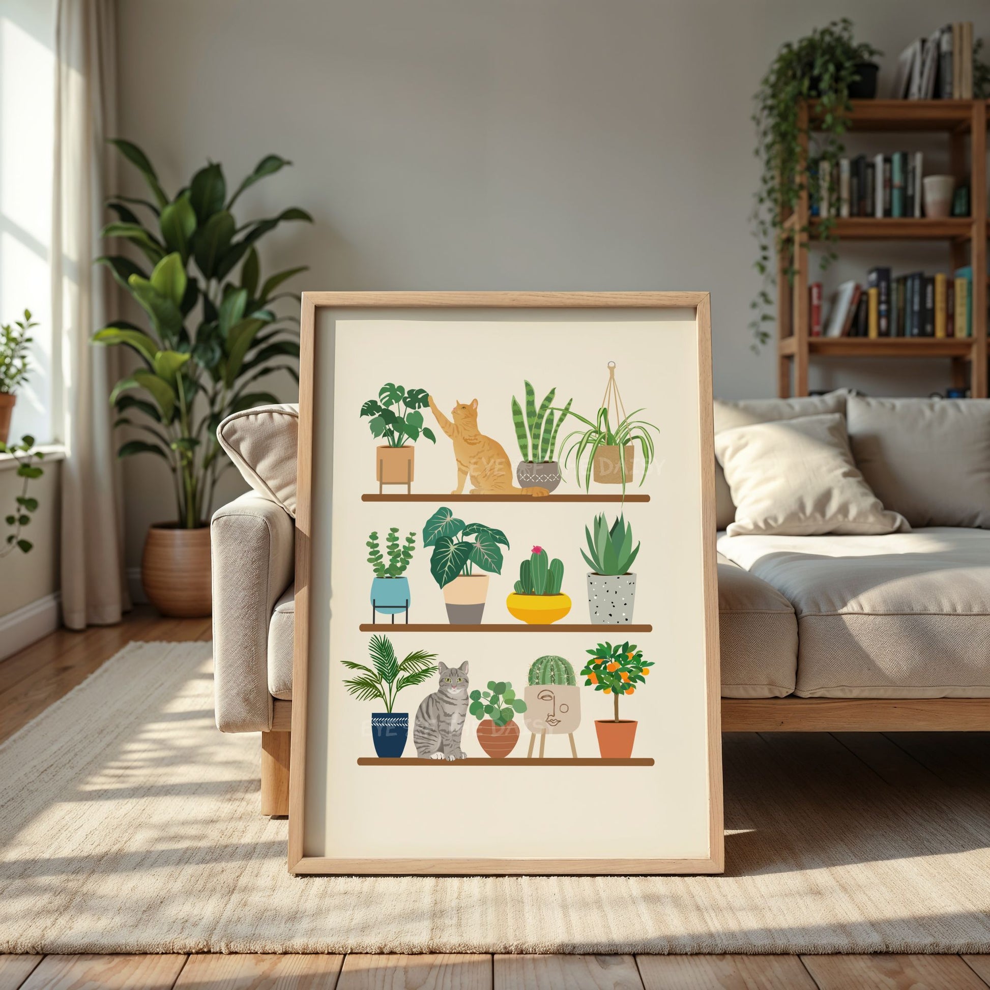 Digital cat and plants print – ginger and tabby cats on shelf, printable poster for eclectic and boho home decor