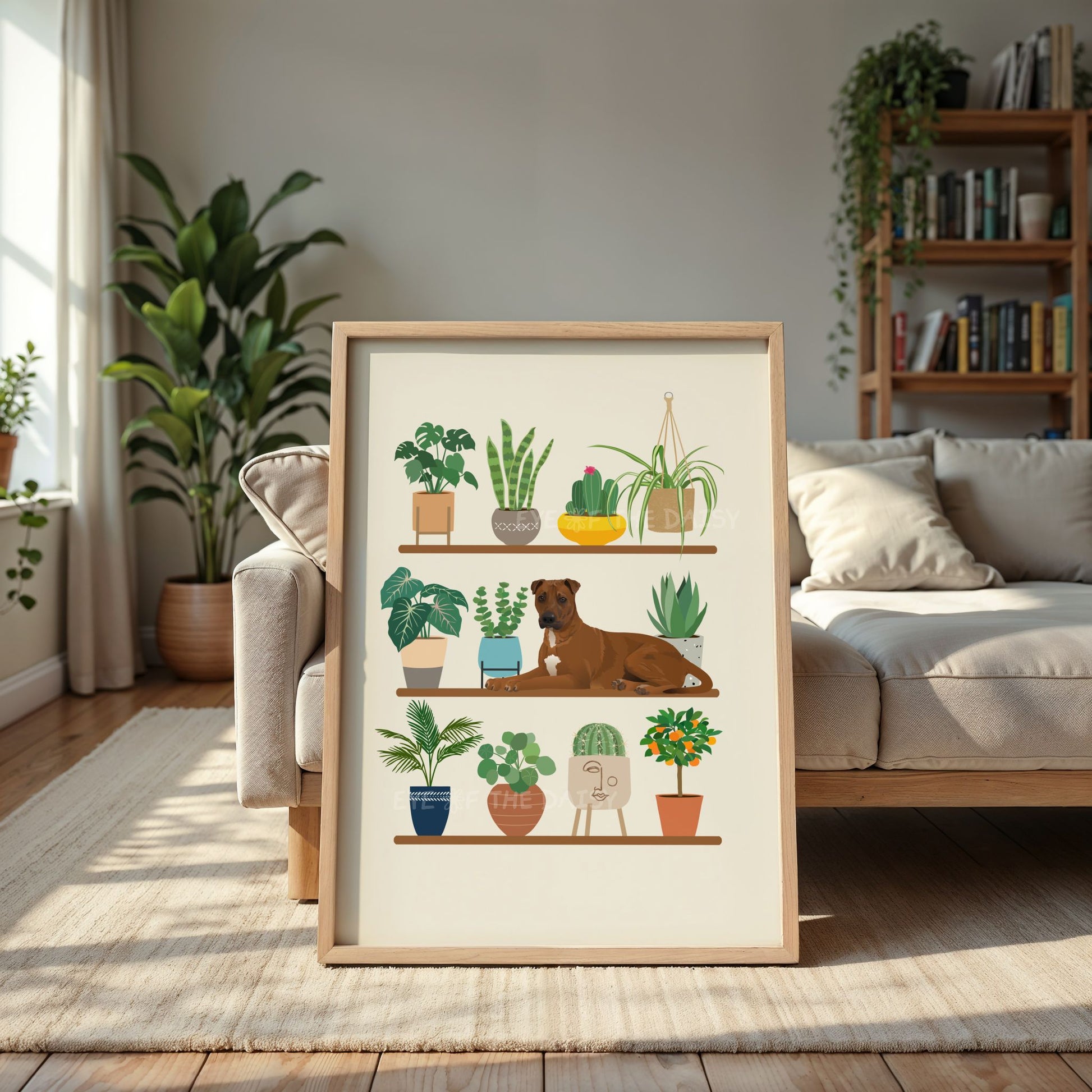 Personalized custom printable wall art of a dog on a shelf next to houseplants, makes a great pet portrait gift