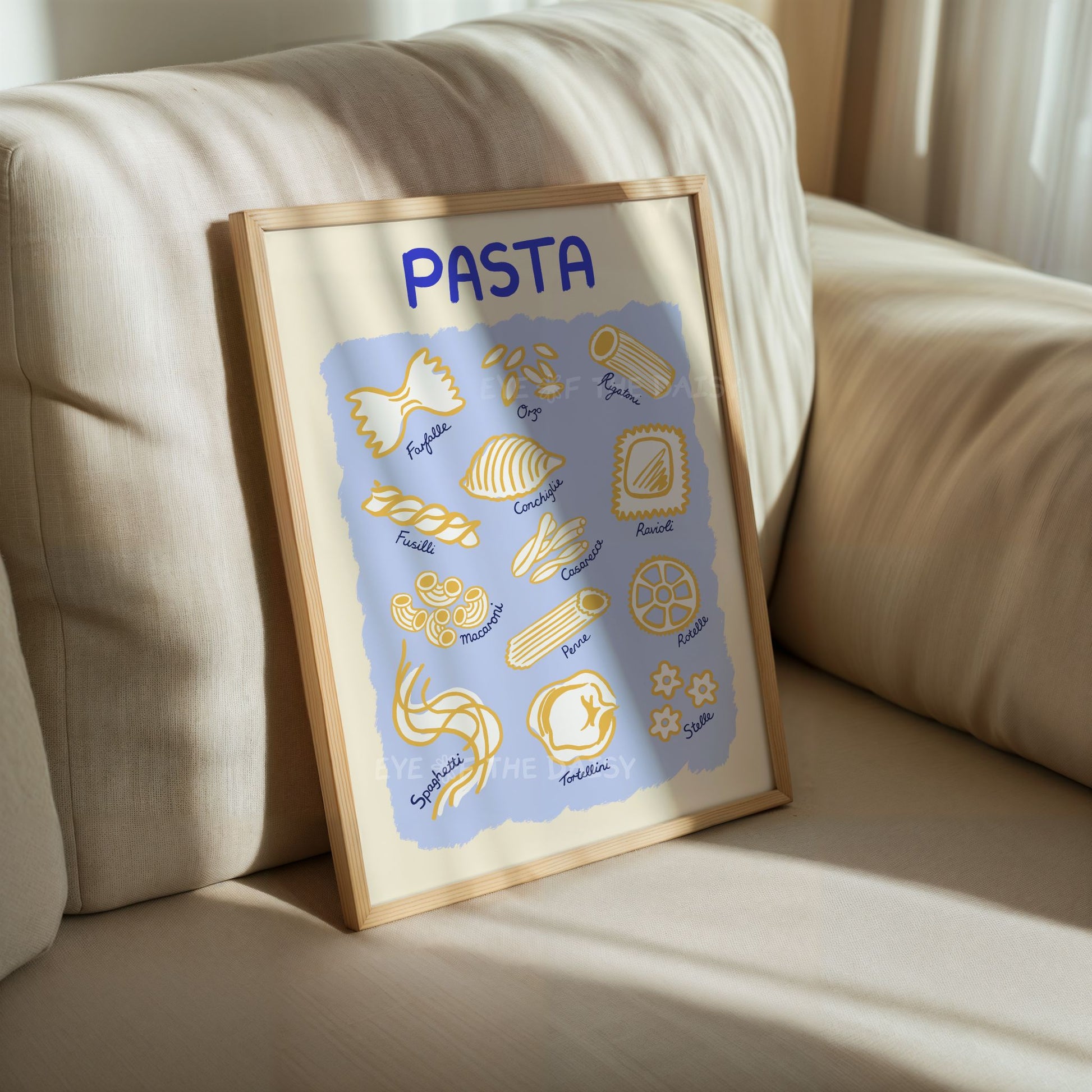 Modern art print of pasta illustrations showing the different pasta shapes and types with the name of the pasta underneath each pasta drawing
