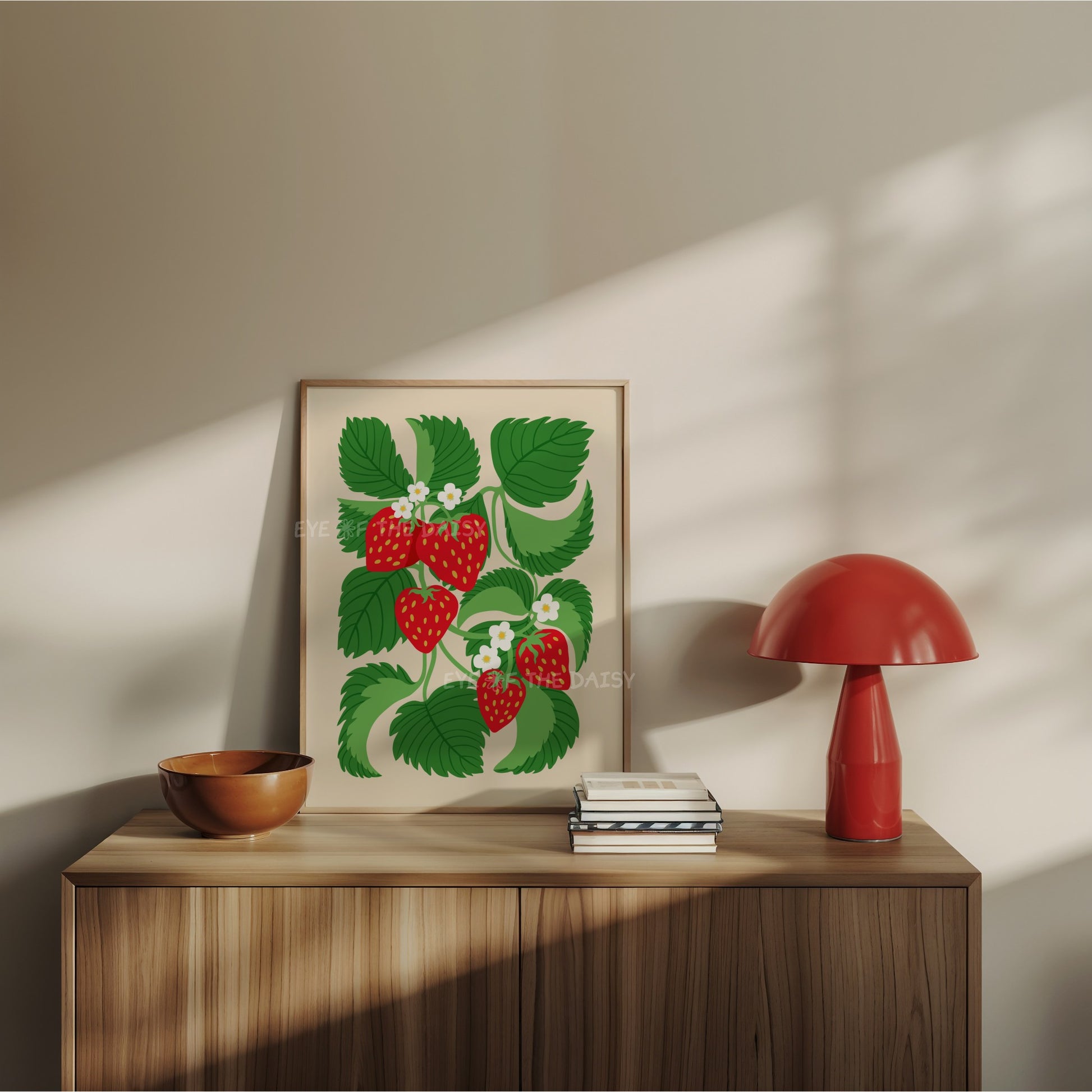 Contemporary strawberry plant wall art – modern abstract digital print in bold red and green, fun decor for funky living spaces