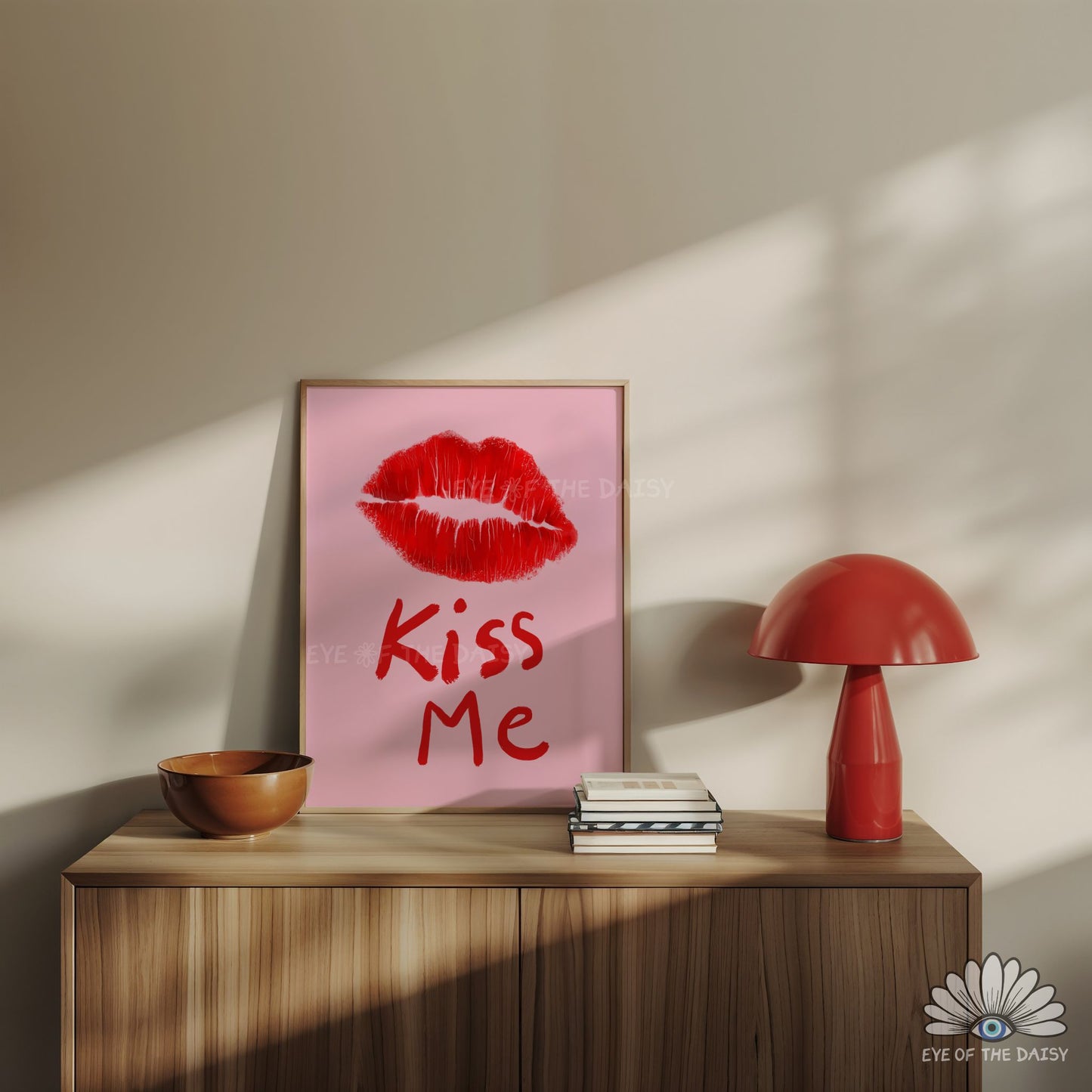 Red lips Kiss Me print digital download, colorful, trendy and eclectic hand drawn poster for Valentine’s Day