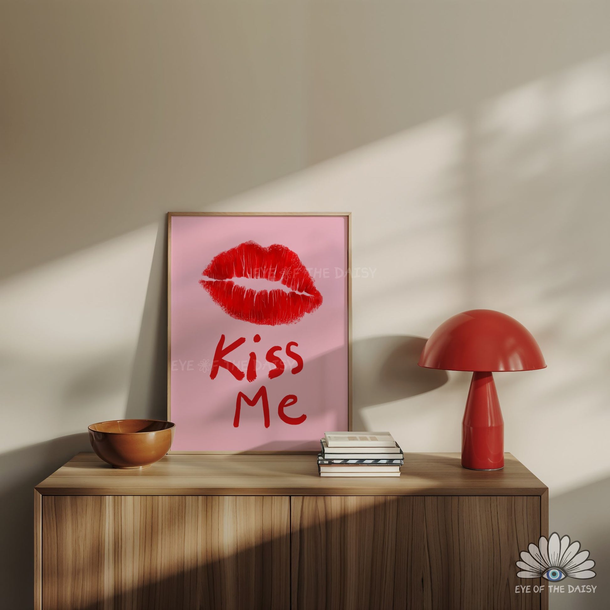 Red lips Kiss Me print digital download, colorful, trendy and eclectic hand drawn poster for Valentine’s Day