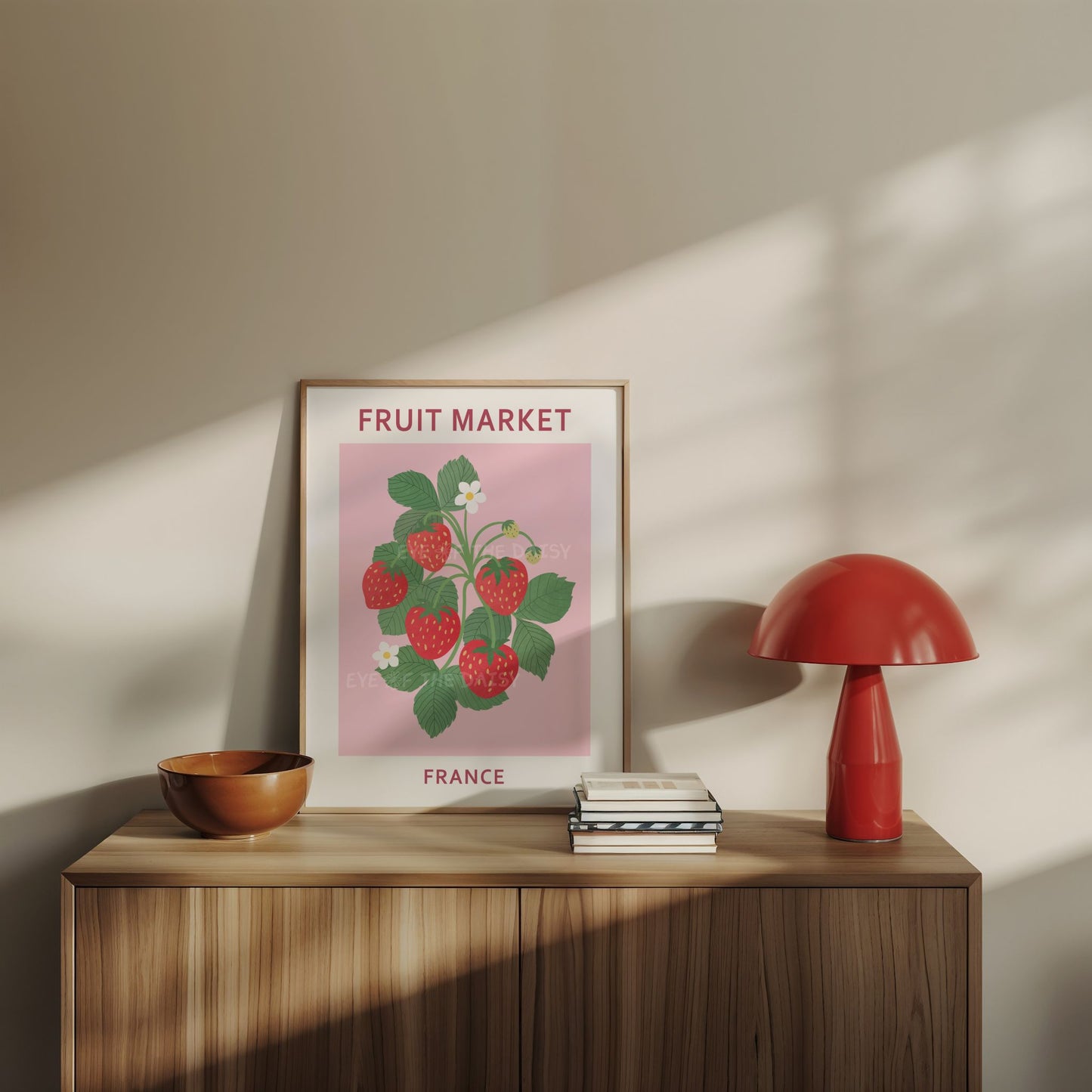 Fruit Market France strawberry wall art — pastel pink printable poster with abstract fruit for fun boho kitchen or dopamine decor style