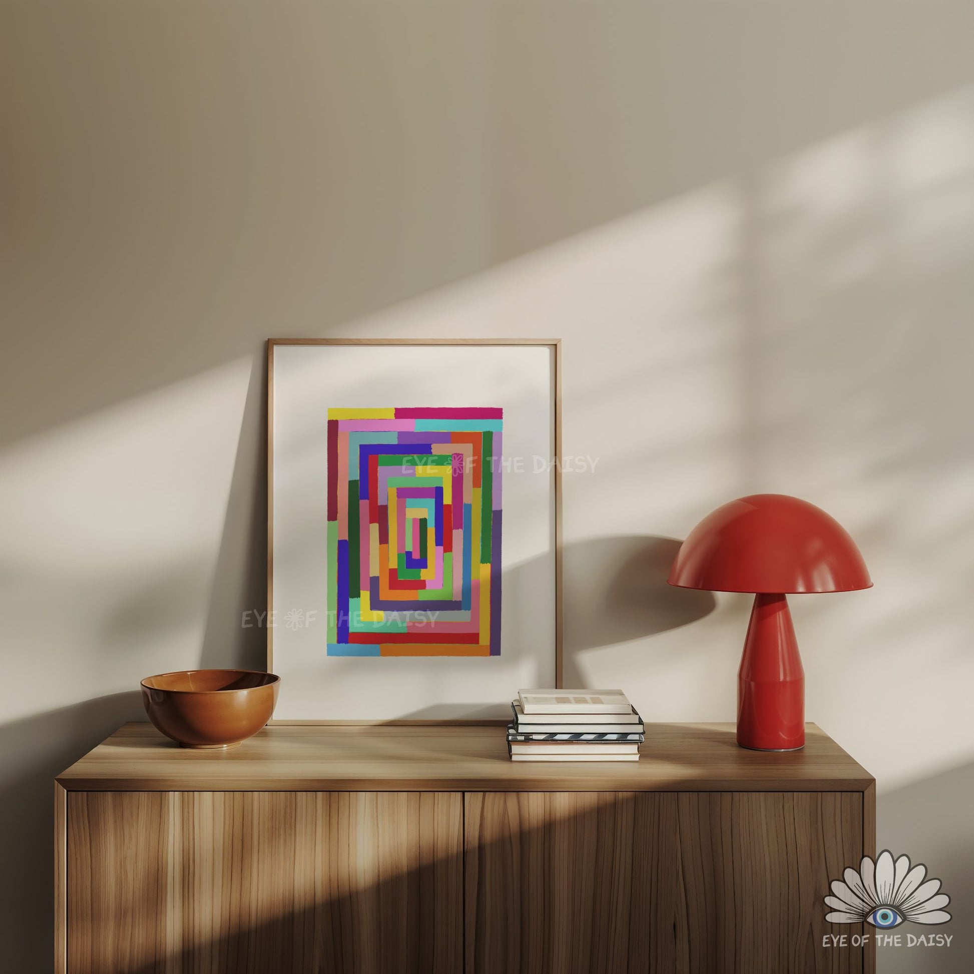 Bright modern abstract downloadable art print with bold stripes, geometric shapes and blocks or colour with a white border