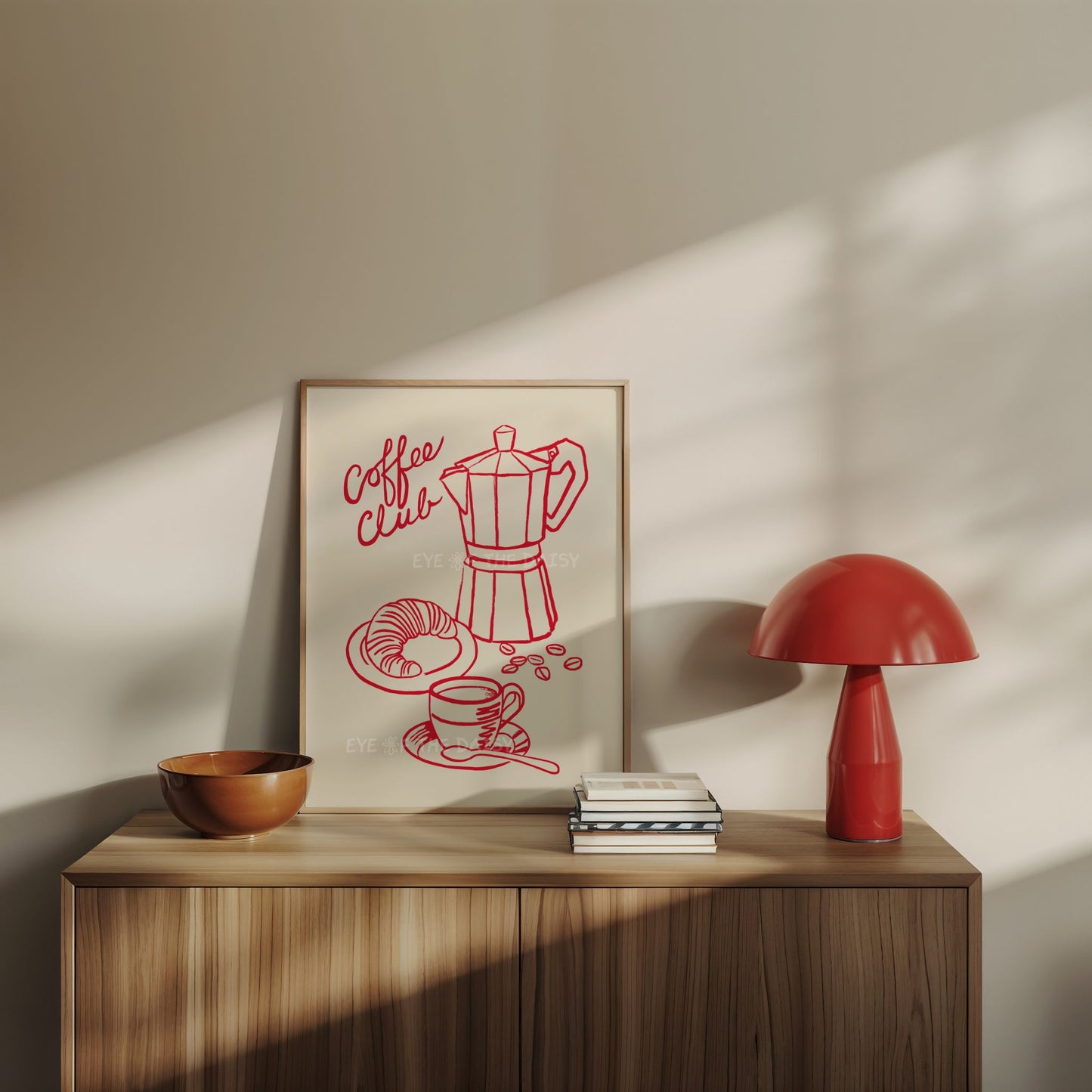 Coffee pot, croissant & coffee cup illustration print with 'Coffee Club' phrase, trendy coffee station wall art print