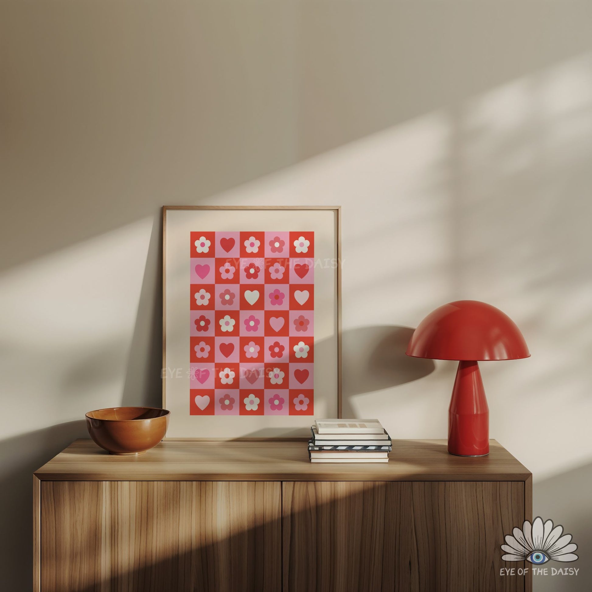Funky eclectic retro print download in red and pink, hearts and flowers printable wall art, ideal for apartment decor