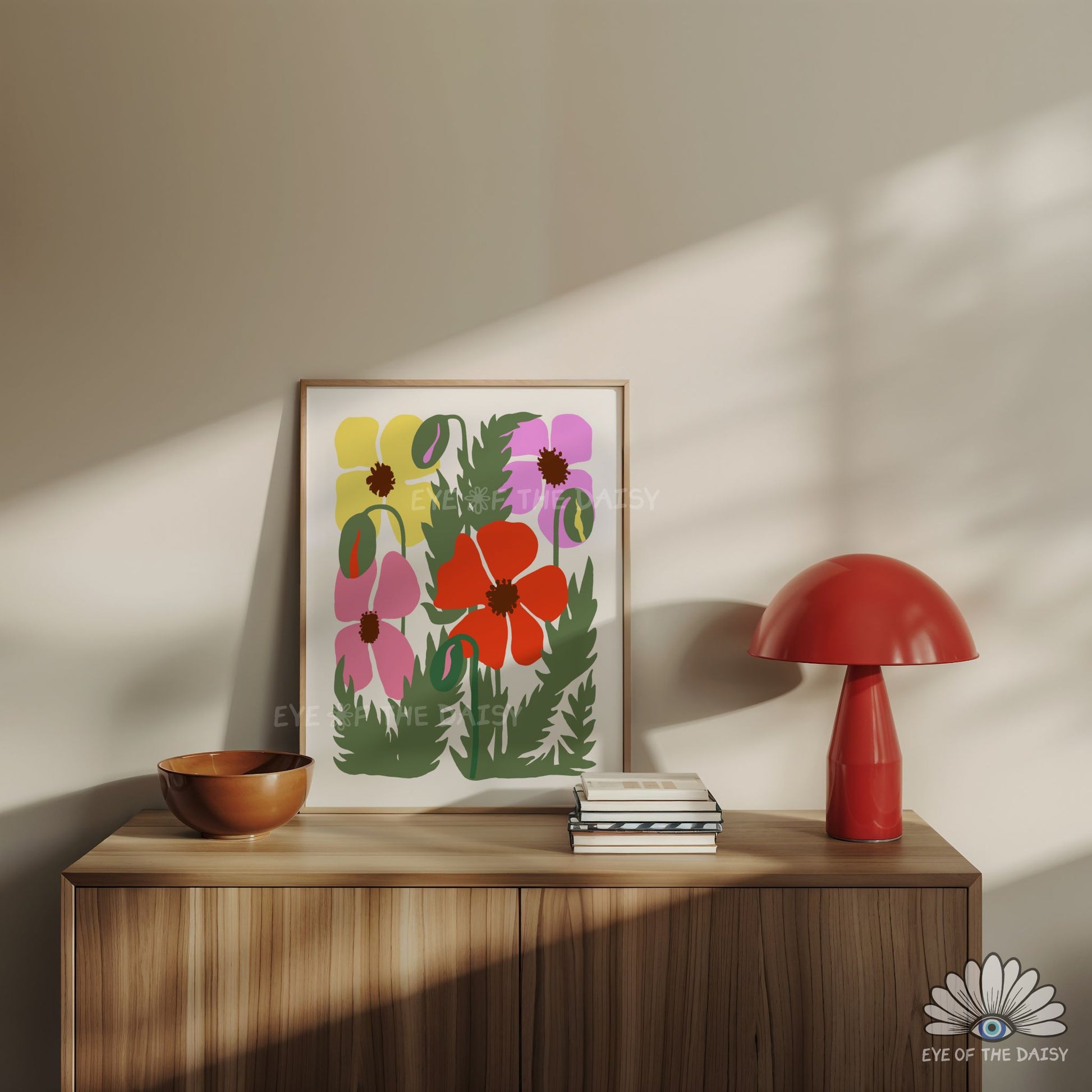Maximalist abstract botanical printable wall art, popp flowers downloadable wall art for trendy rooms
