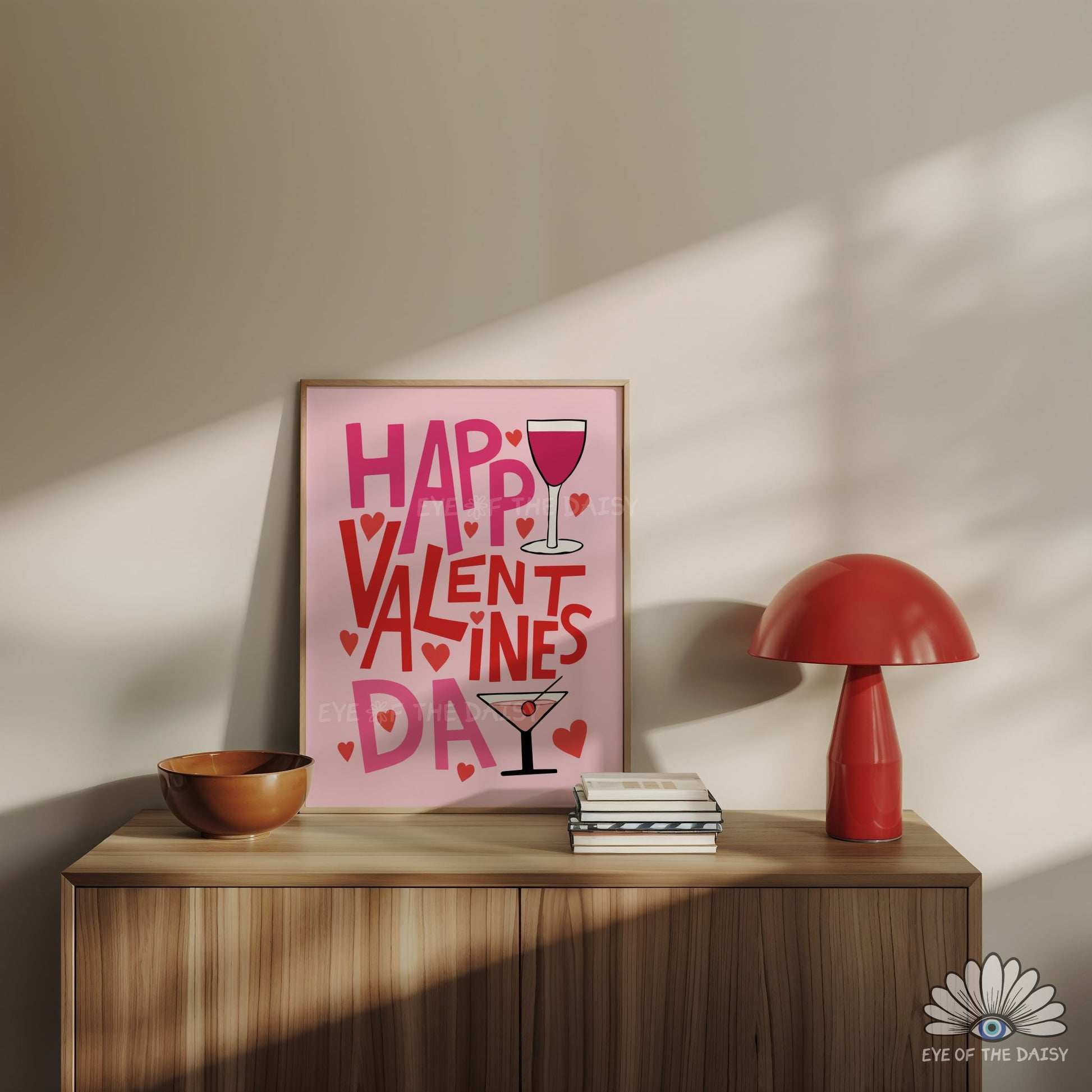 Retro Happy Valentine’s Day printable sign with red & pink typography, cute Galetine's print digital download