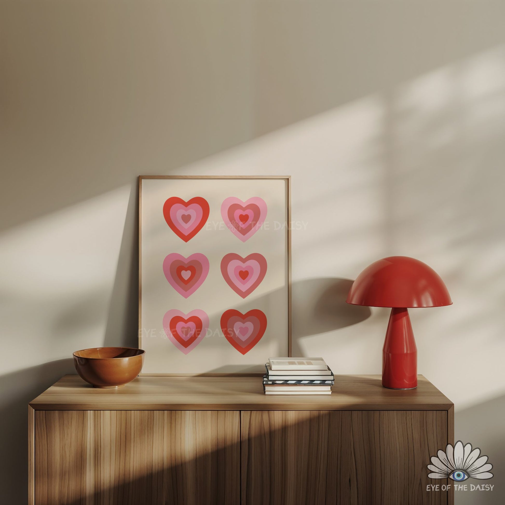 Cute retro hearts printable wall art, fun, colorful and modern poster for dorm room decor or modern apartment decor