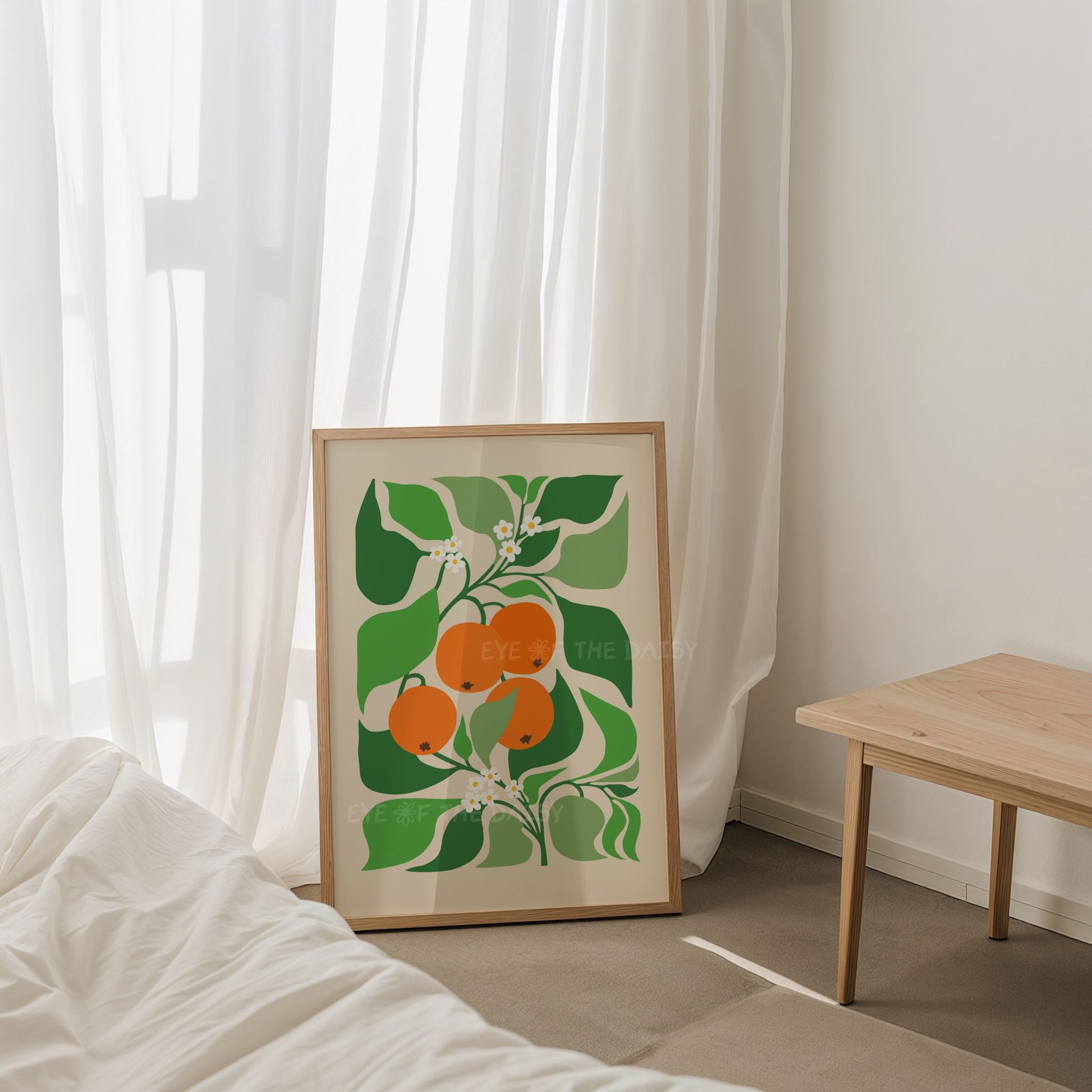 Stylized orange tree botanical print, with abstract orange fruit and leaves in vibrant colors – great as beach rental wall decor