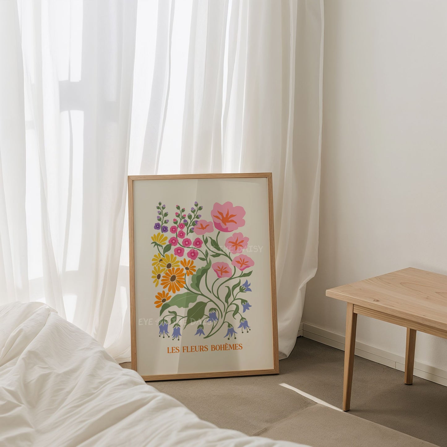 Colorful abstract floral stylized art print with intertwining flowers and leaves and "Les Fleurs" typography