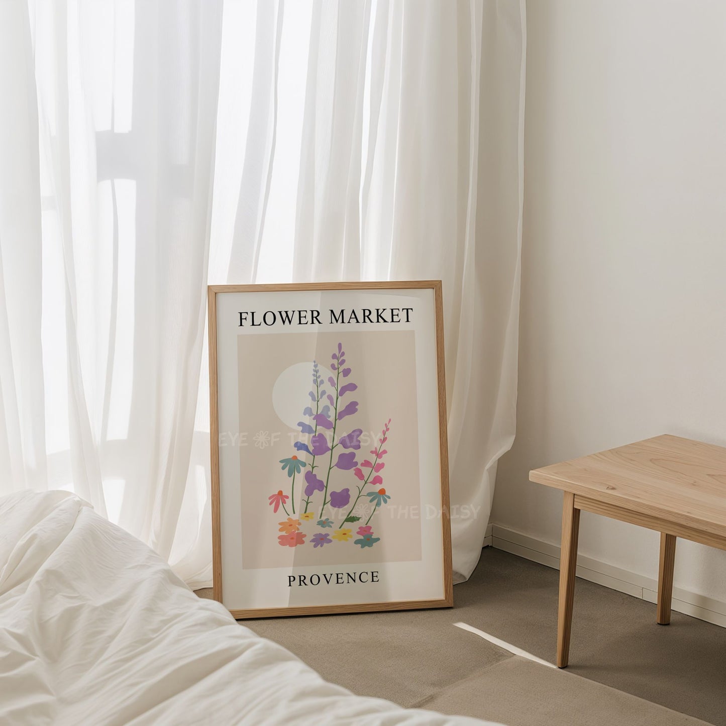 Art print titled 'Flower Market Provence' with colourful pastel wildflowers in a Scandinavian exhibition poster style