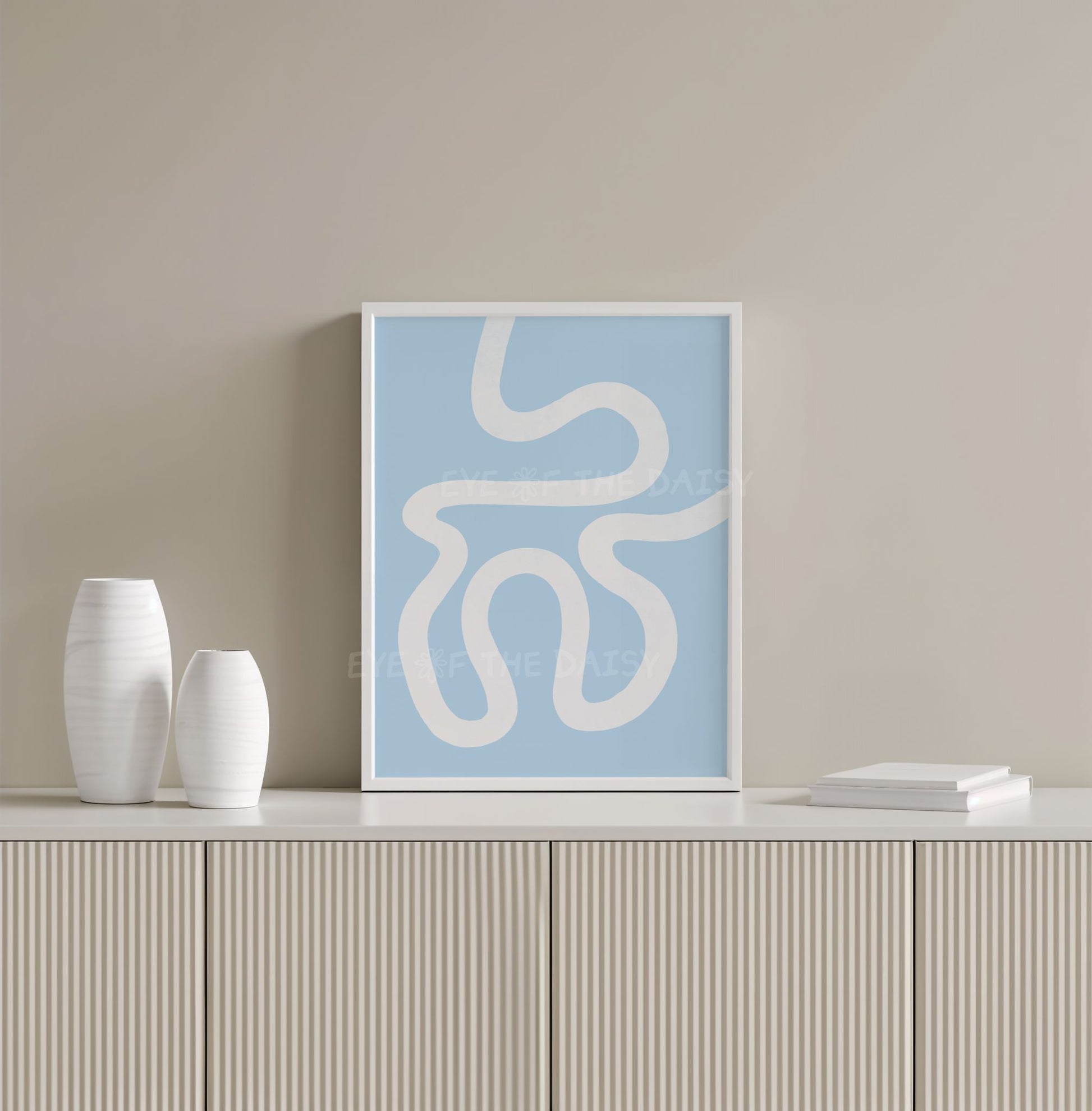 Pastel blue wall print with abstract squiggle line art, perfect DIY wall decor for minimal modern blue bedroom decor