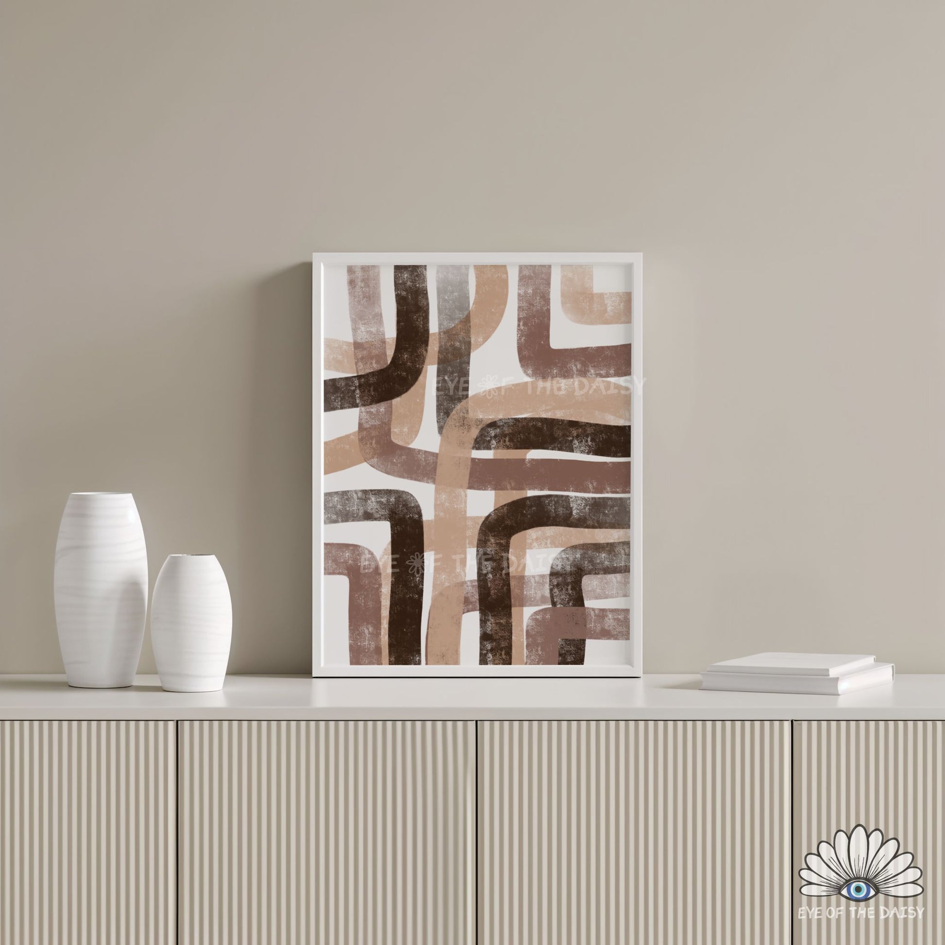 Minimalist abstract poster with textured organic lines in beige and brown, modern Scandi and Japandi home decor