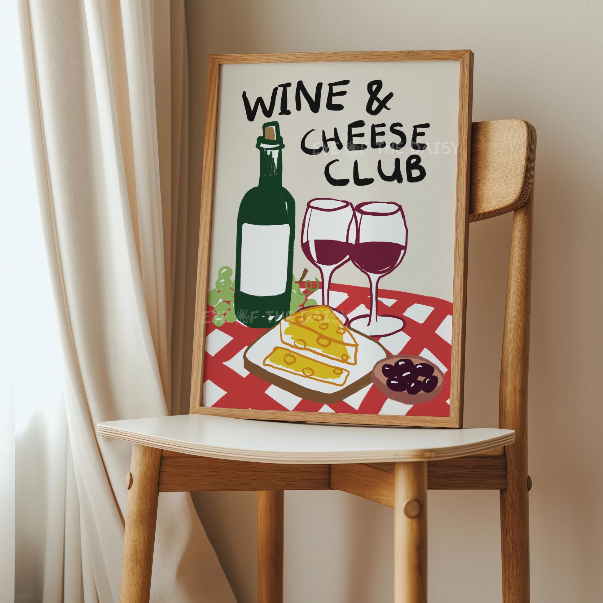 Foodie wall decor – Wine & Cheese Club poster printable with wine bottle and cheese, fun downloadable art for kitchen or lounge