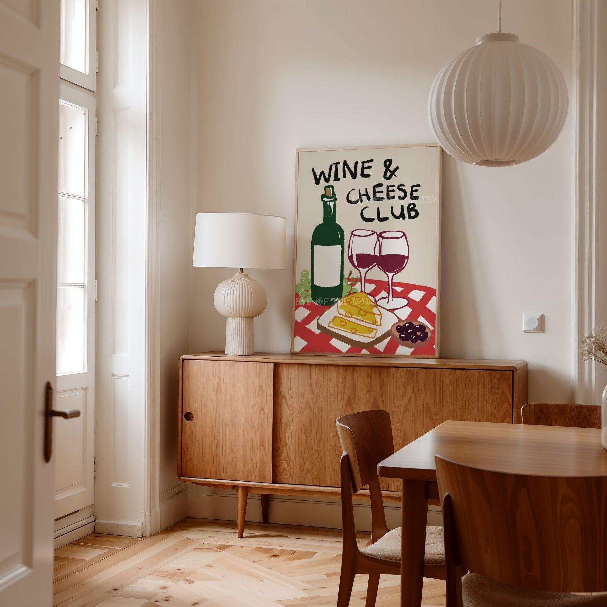 Wine & Cheese Club art print – downloadable food and drink poster for a trendy Scandi style apartment