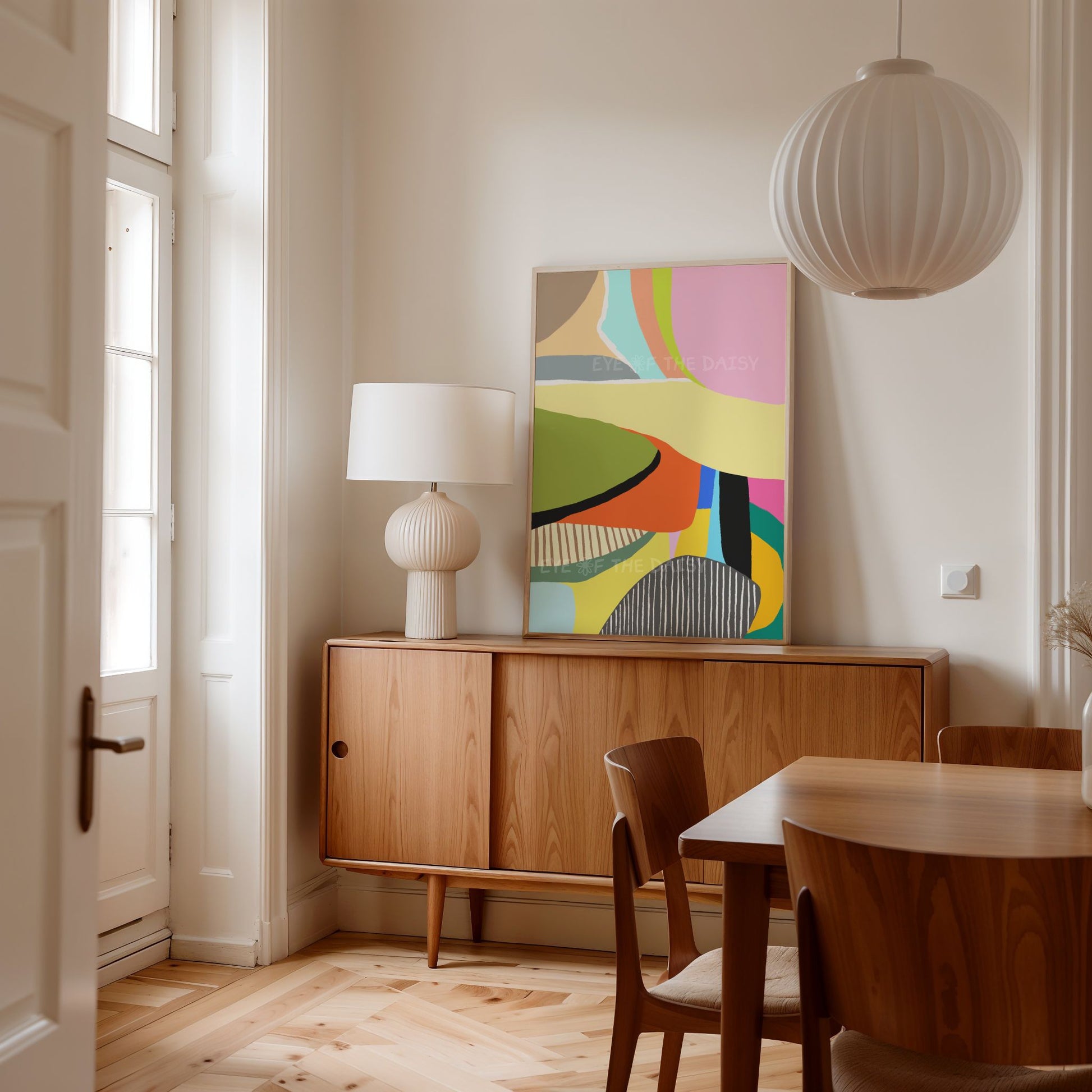 Printable colorful abstract poster – bold colour patches and stripe print, ideal vacation rental wall art for modern interiors