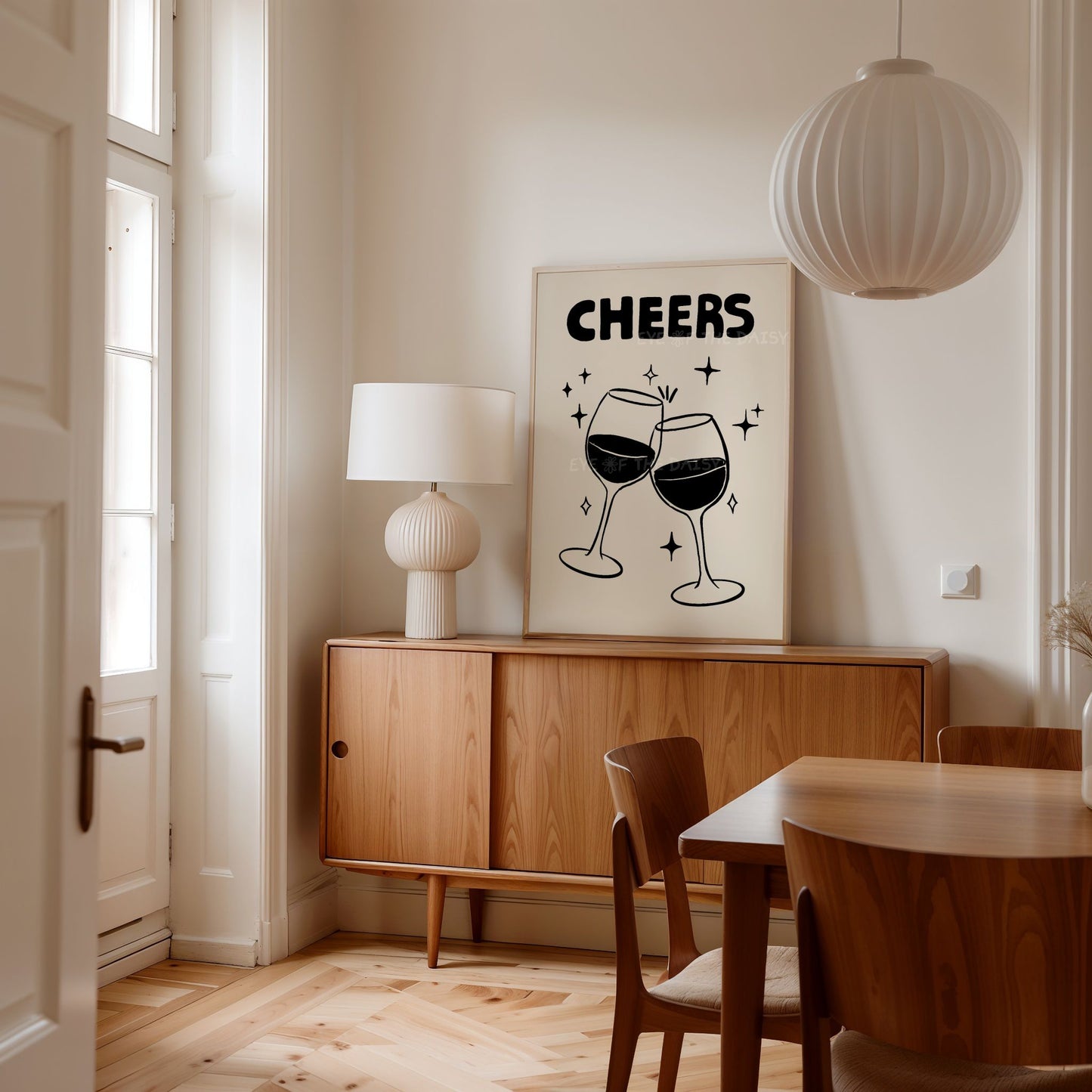 Cheers print, hand drawn wine glasses printable wall art in black & beige, modern neutral bar cart decor