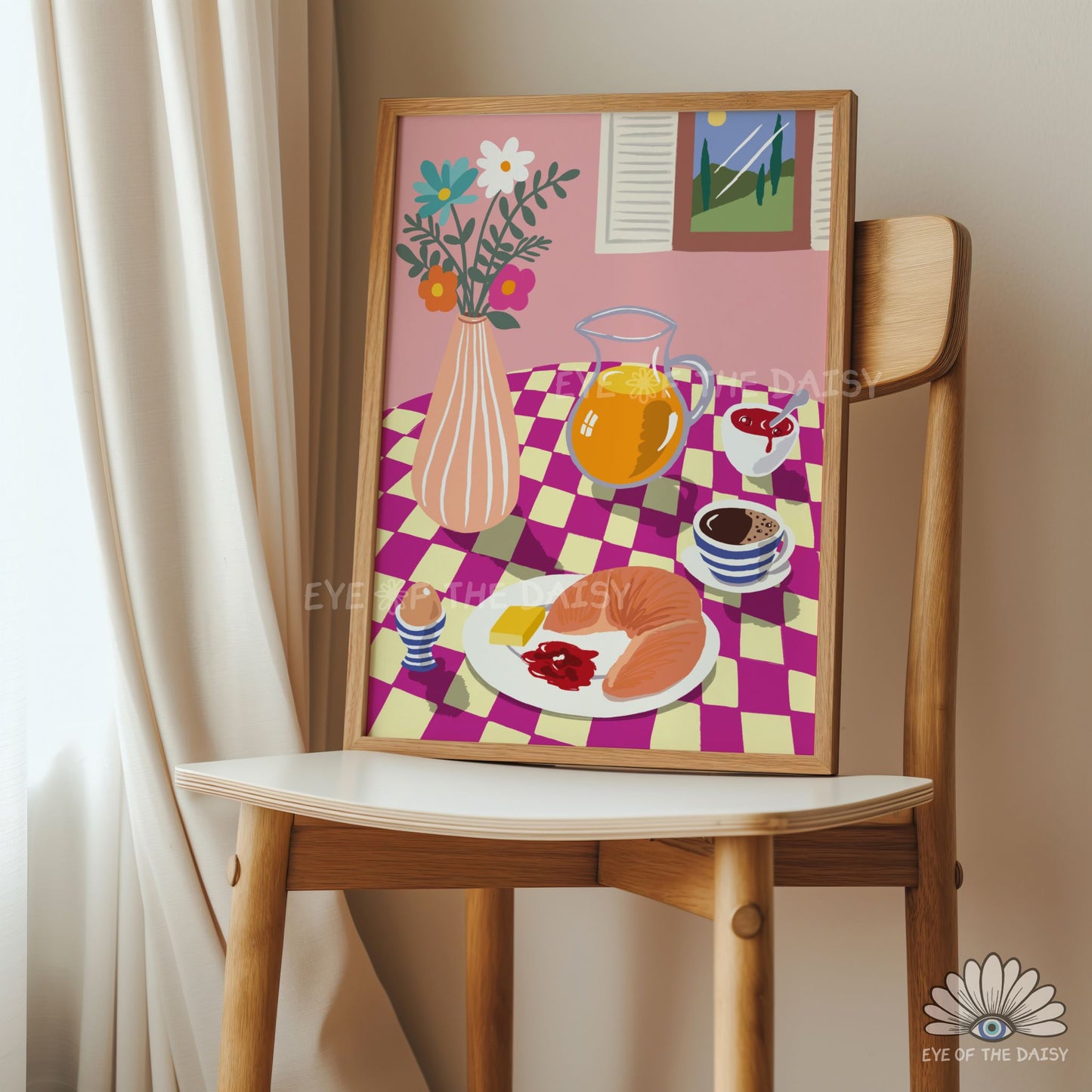 Breakfast Table Illustration Digital Print | Croissant Eggs Coffee Food Printable Wall Art