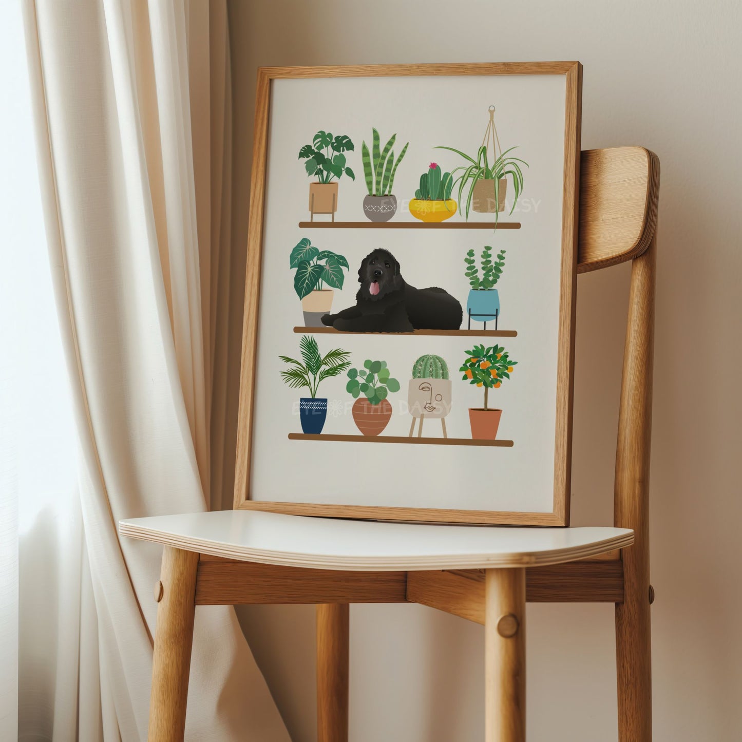 Framed custom pet portrait artwork of a sleeping dog among potted plants on a shelf