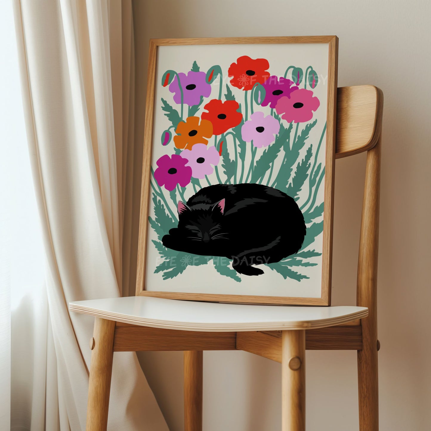 Sleeping cat poppy field print, retro minimalist bedroom wall art, printable wall decor for cozy reading nook decor or cat lover gift