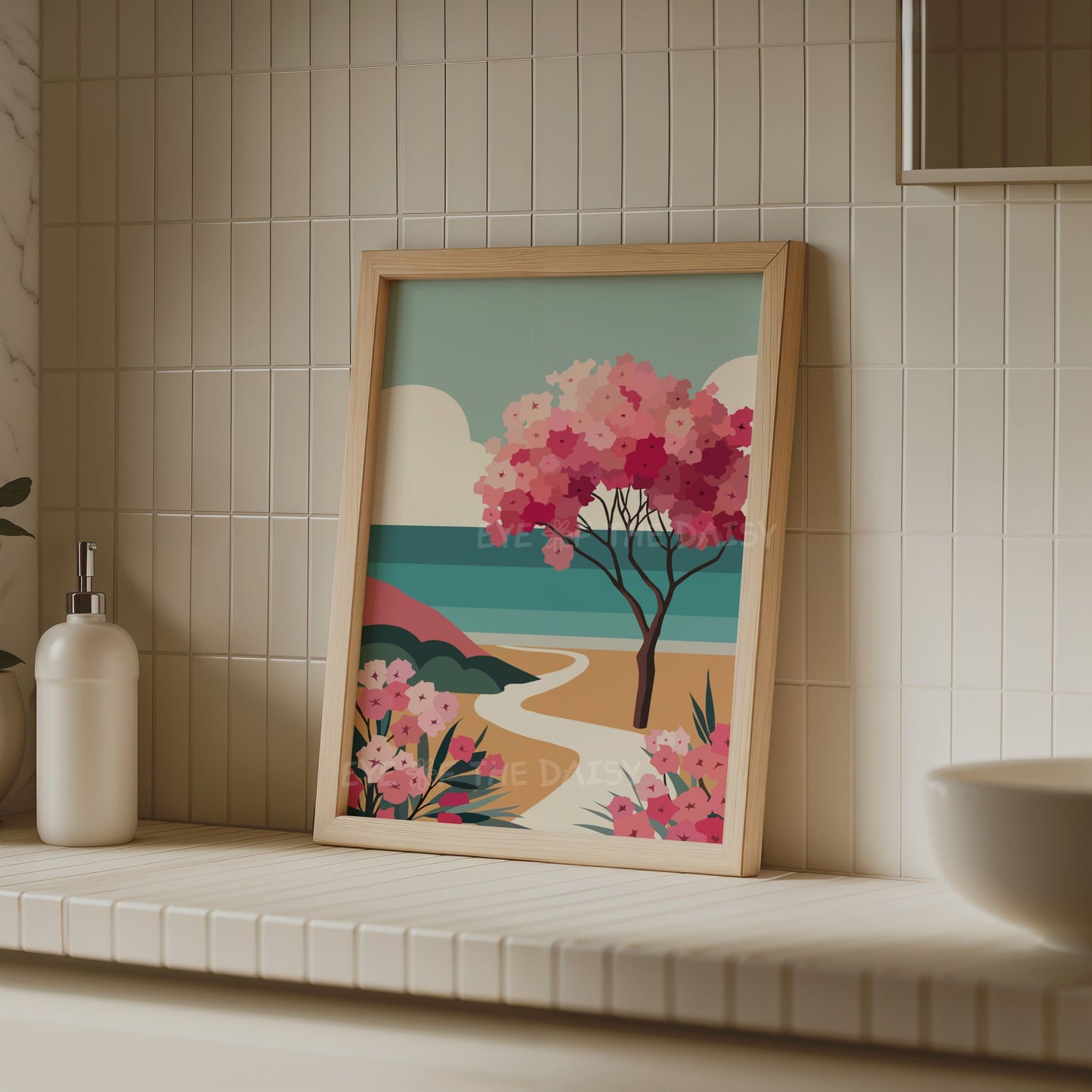 Modern Mediterranean DIY wall decor prints with Greek island coastal scene in teal, pink, mustard, perfect as beach rental decor