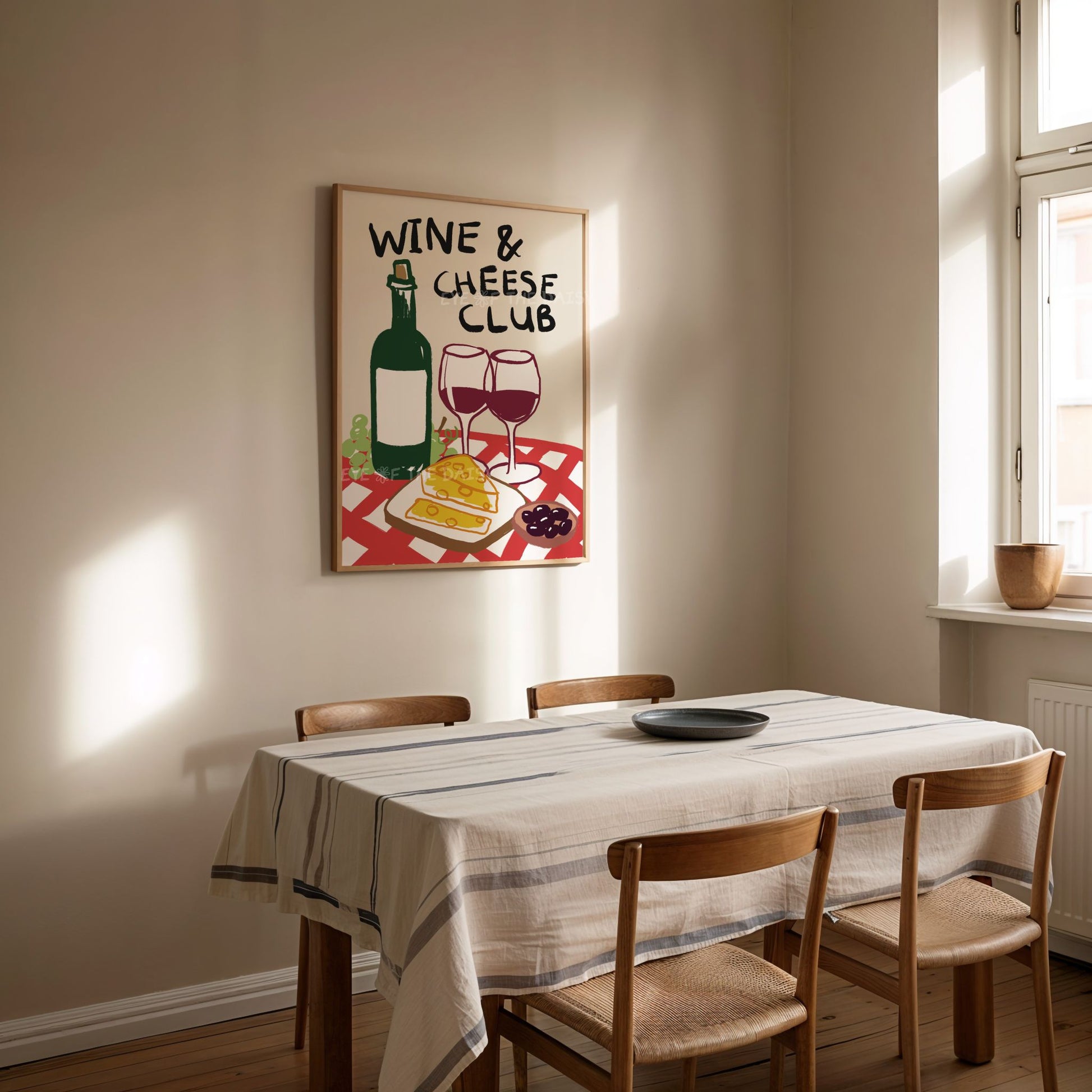 Printable wine and cheese art – digital download food and drink poster, ideal for modern kitchens and dinner party wall decor