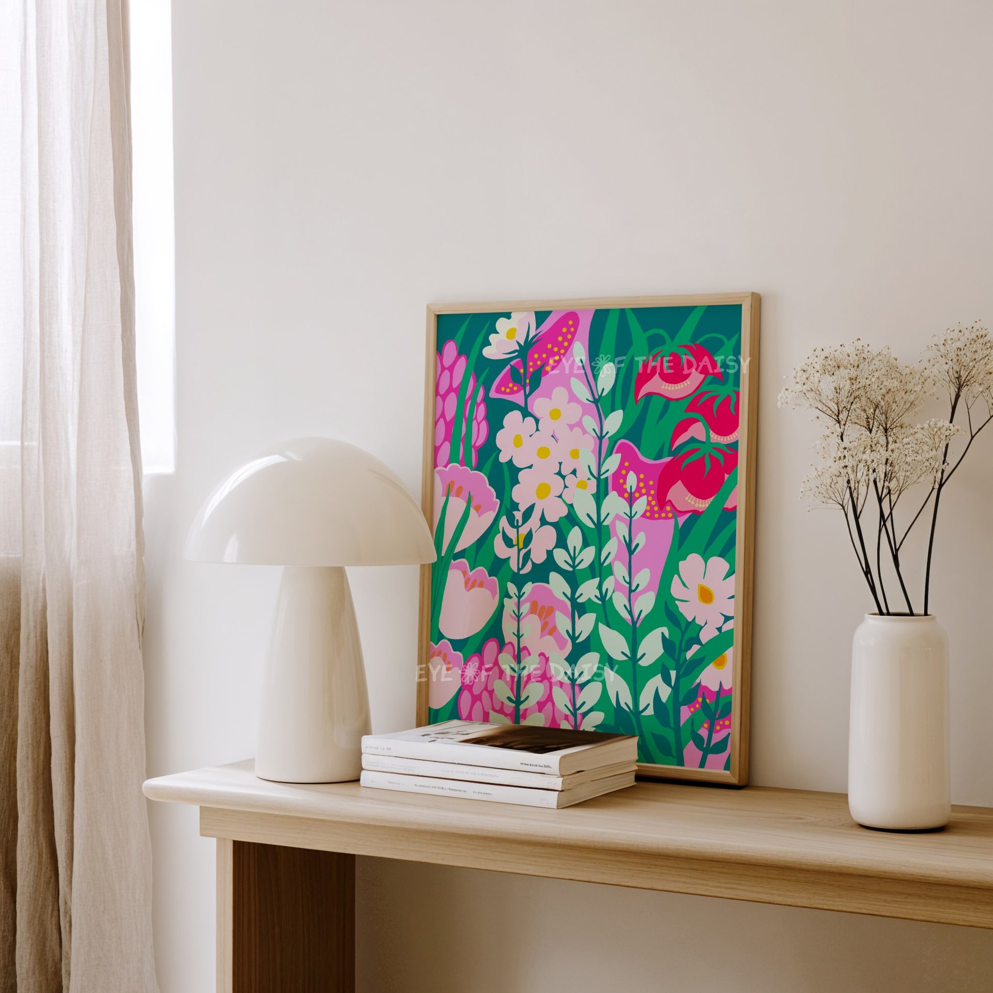 Bold botanical art print – colourful garden-inspired digital download, modern printable wall art in teal and hot pink