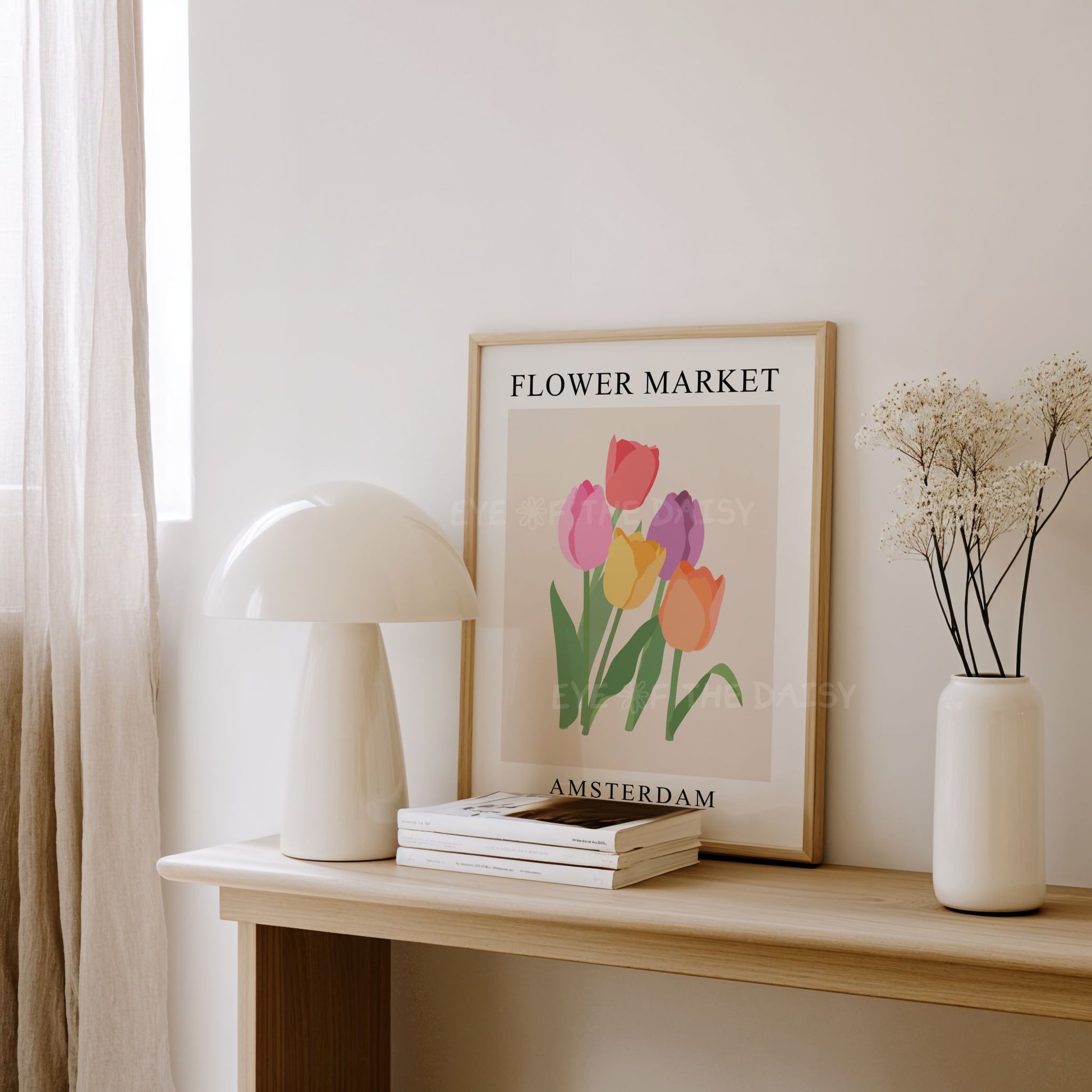 Colourful abstract tulip "Flower Market Amsterdam" print displayed in a frame in a modern Scandinavian living room