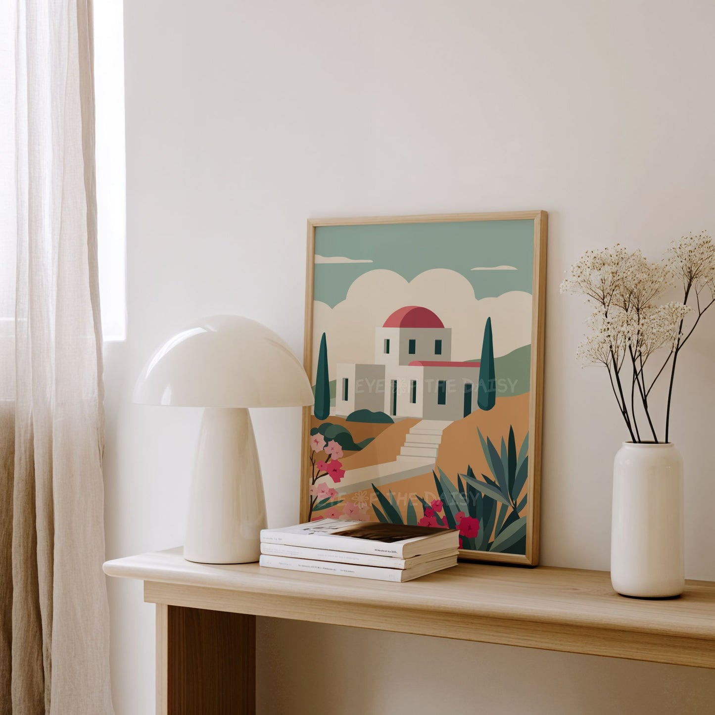 Greek island poster with Cycladic house & landscape scene in a minimal colourful abstract style, perfect for a boho living room
