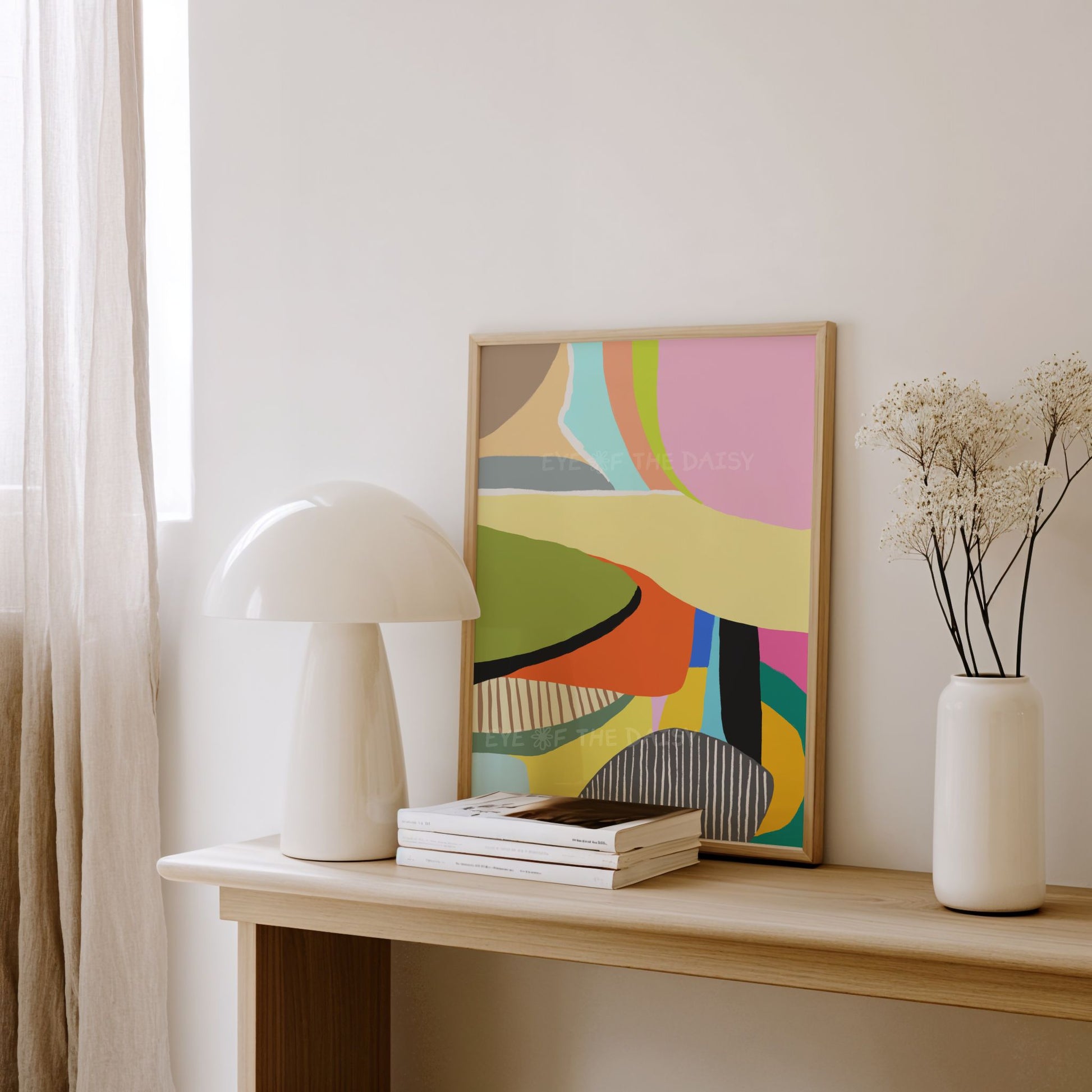 Modern contemporary abstract digital art – colourful patches and stripes wall print, downloadable art for creative interiors