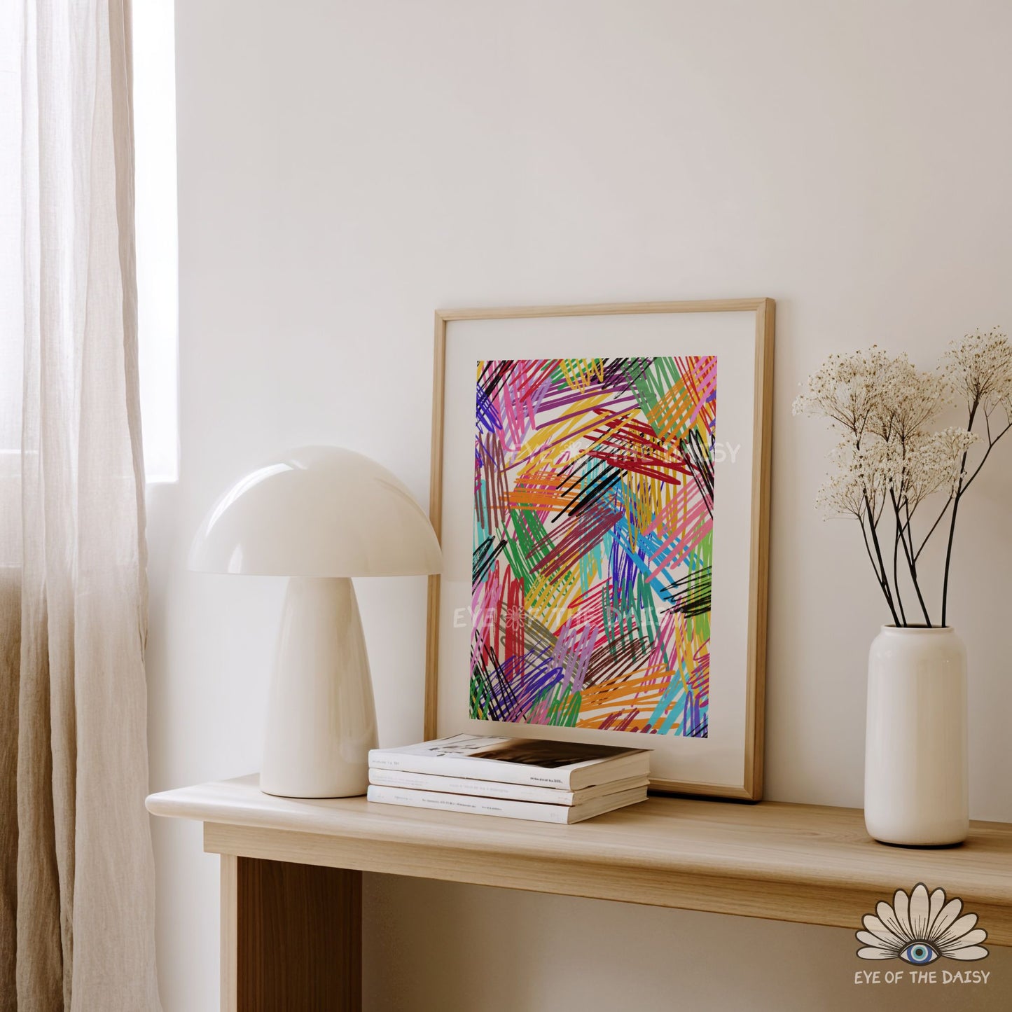 Modern bright abstract scribble print digital download, vibrant contemporary art for living room wall decor