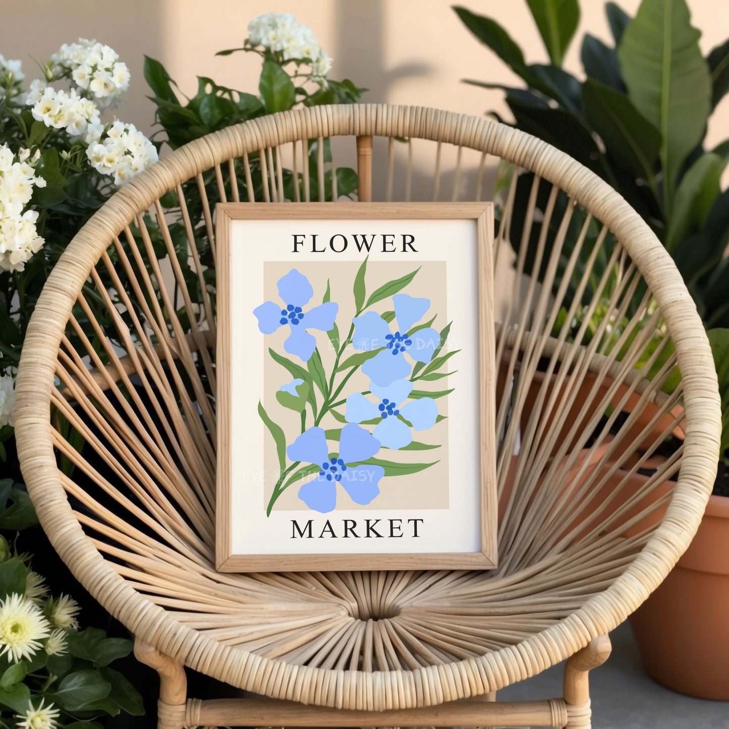 Blue flower market poster, boho chic abstract floral print for modern sophisticated interiors