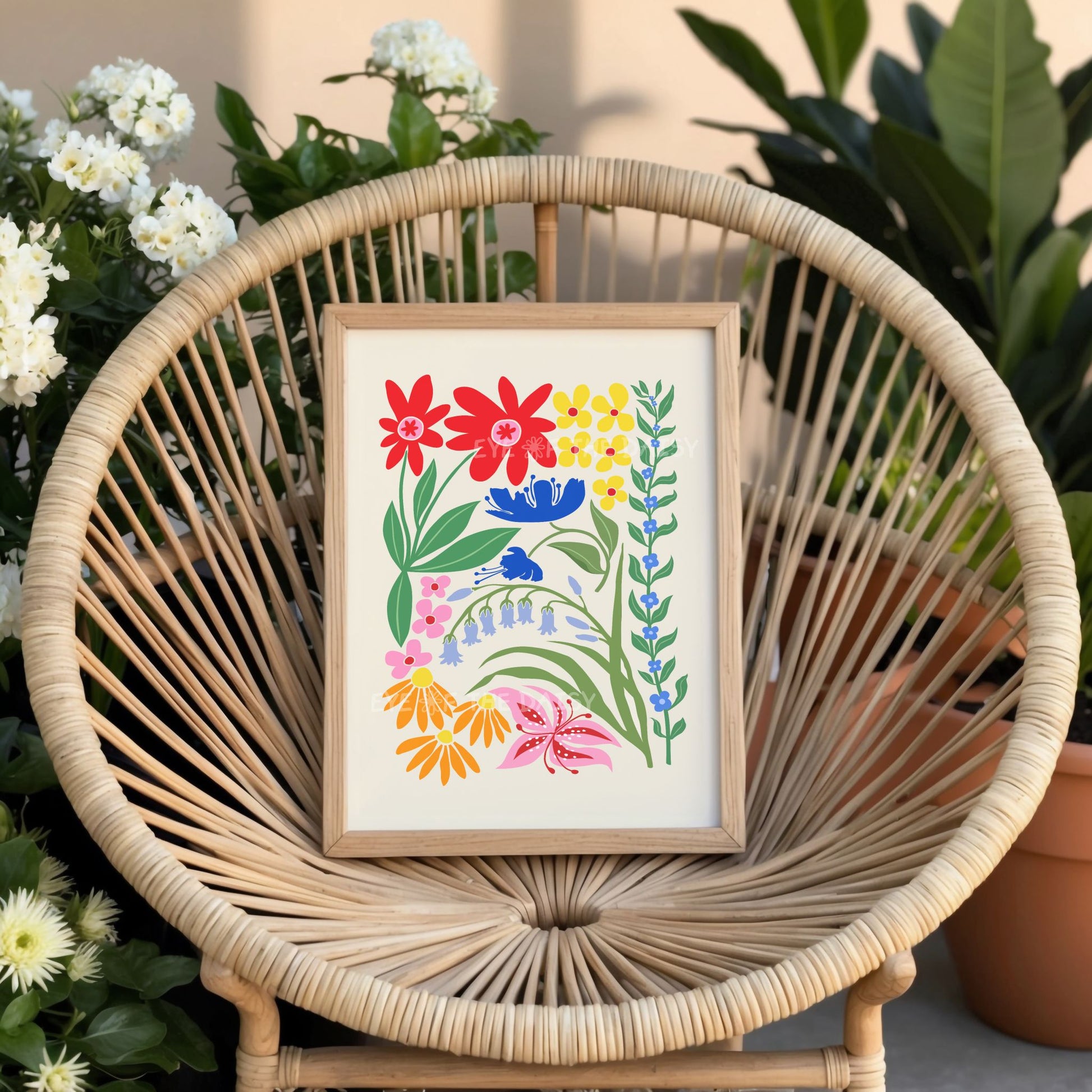 Boho floral poster with colourful abstract flower shapes and interwining leaves, the perfect modern Scandi wall decor