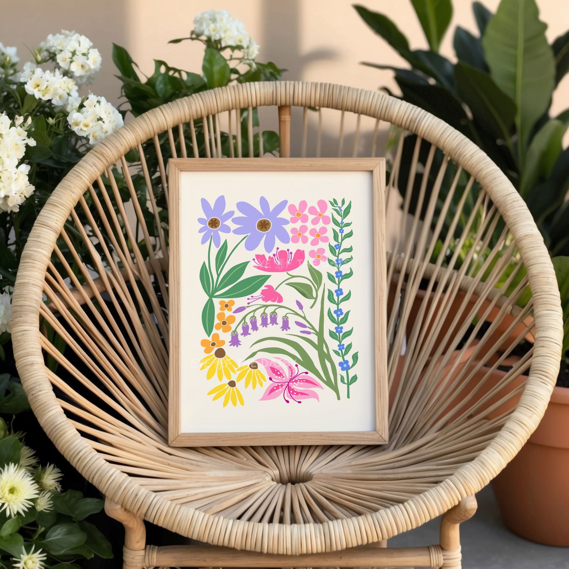 Colourful floral abstract print of vibrant flowers and leaves in pink, lilac, orange, yellow and green on a wicker chair in a garden