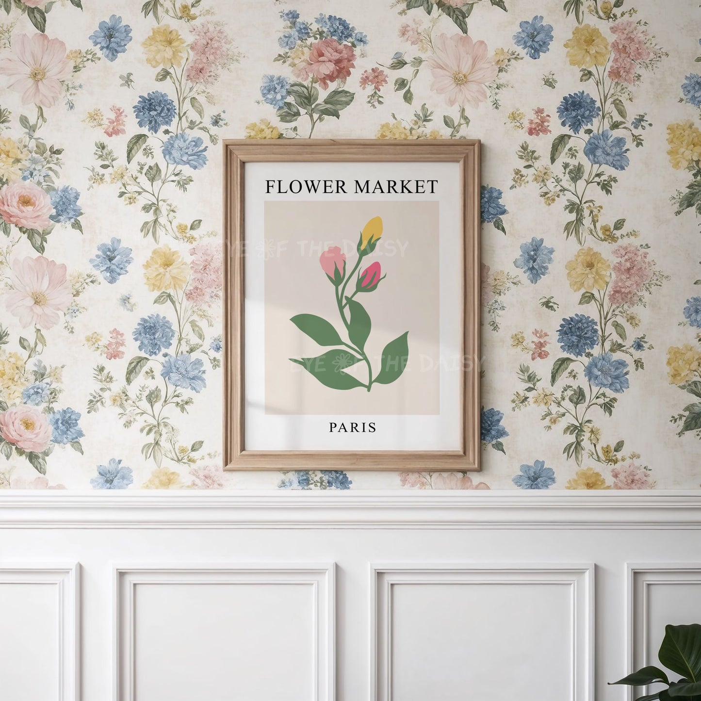 "Flower Market Paris" poster with abstract pink and yellow roses on a beige, great gallery wall set for cottagecore decor