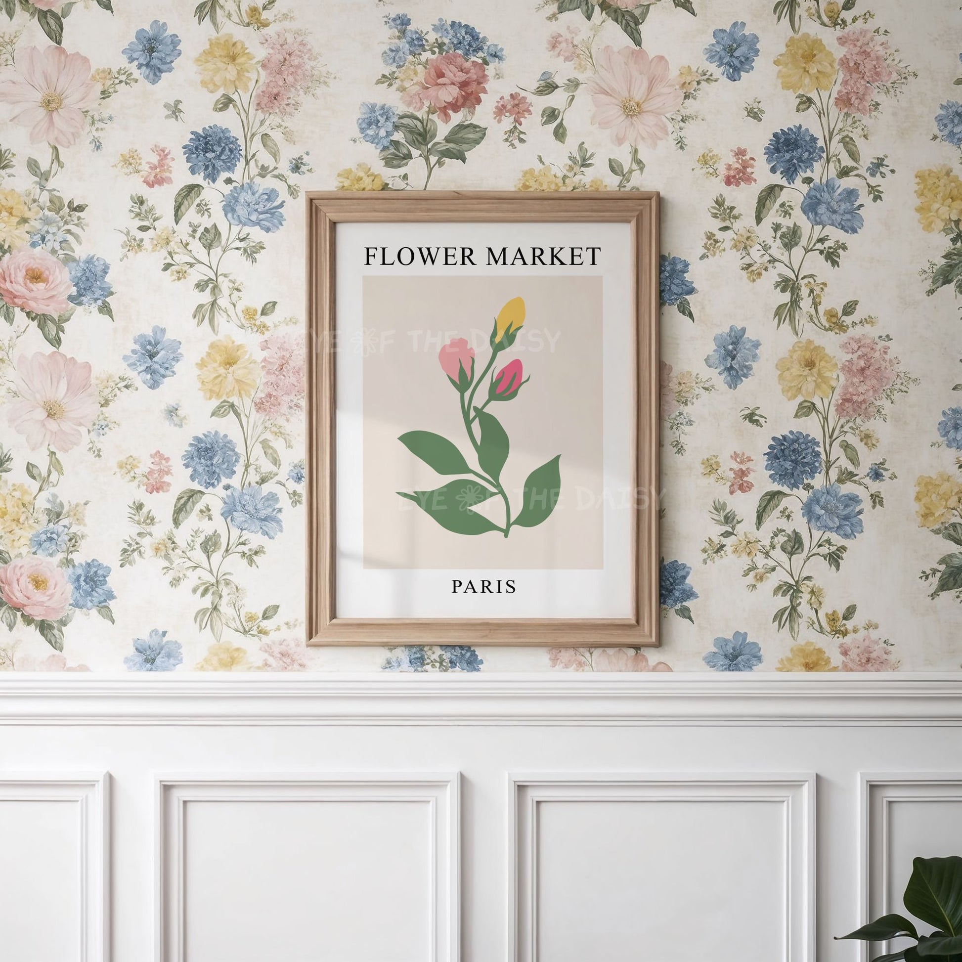 "Flower Market Paris" poster with abstract pink and yellow roses on a beige, great gallery wall set for cottagecore decor