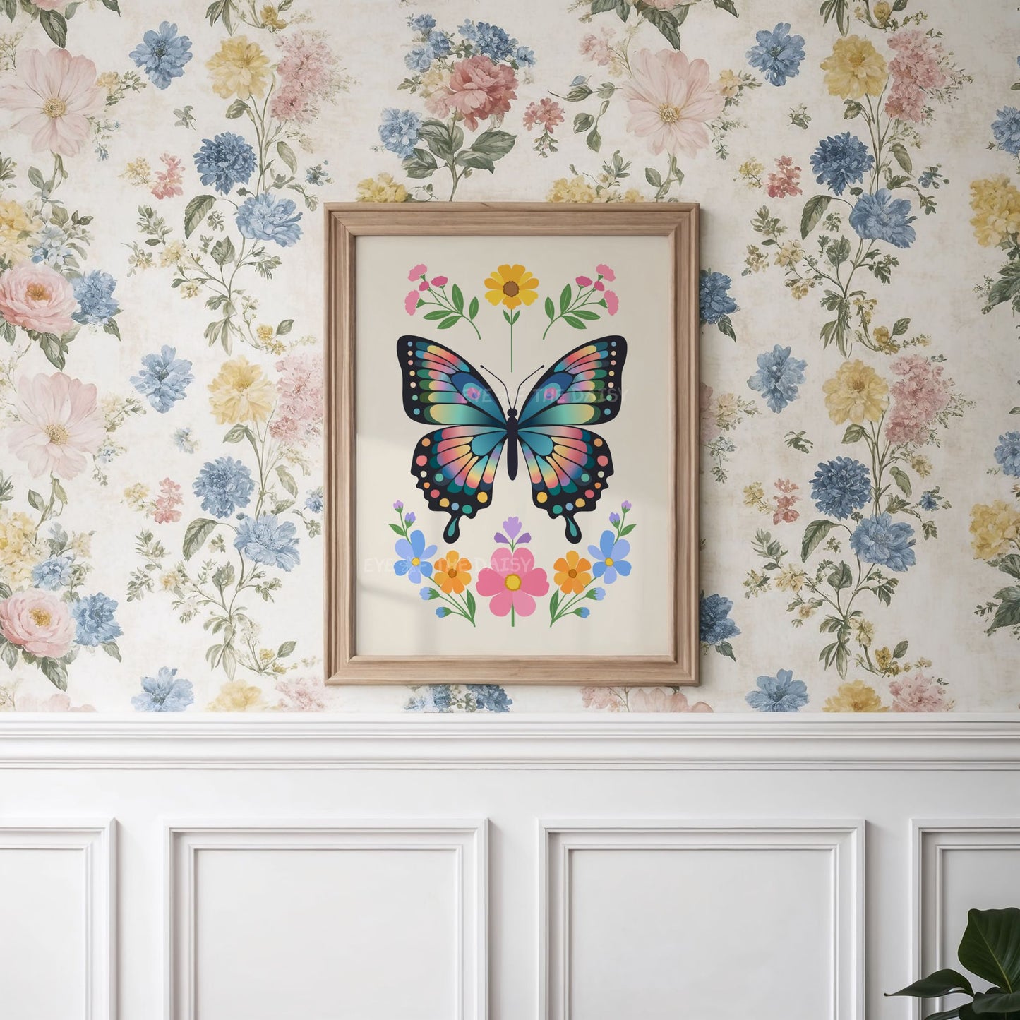 Beautiful butterfly & flowers folk art print in a cottagecore living room or bedroom