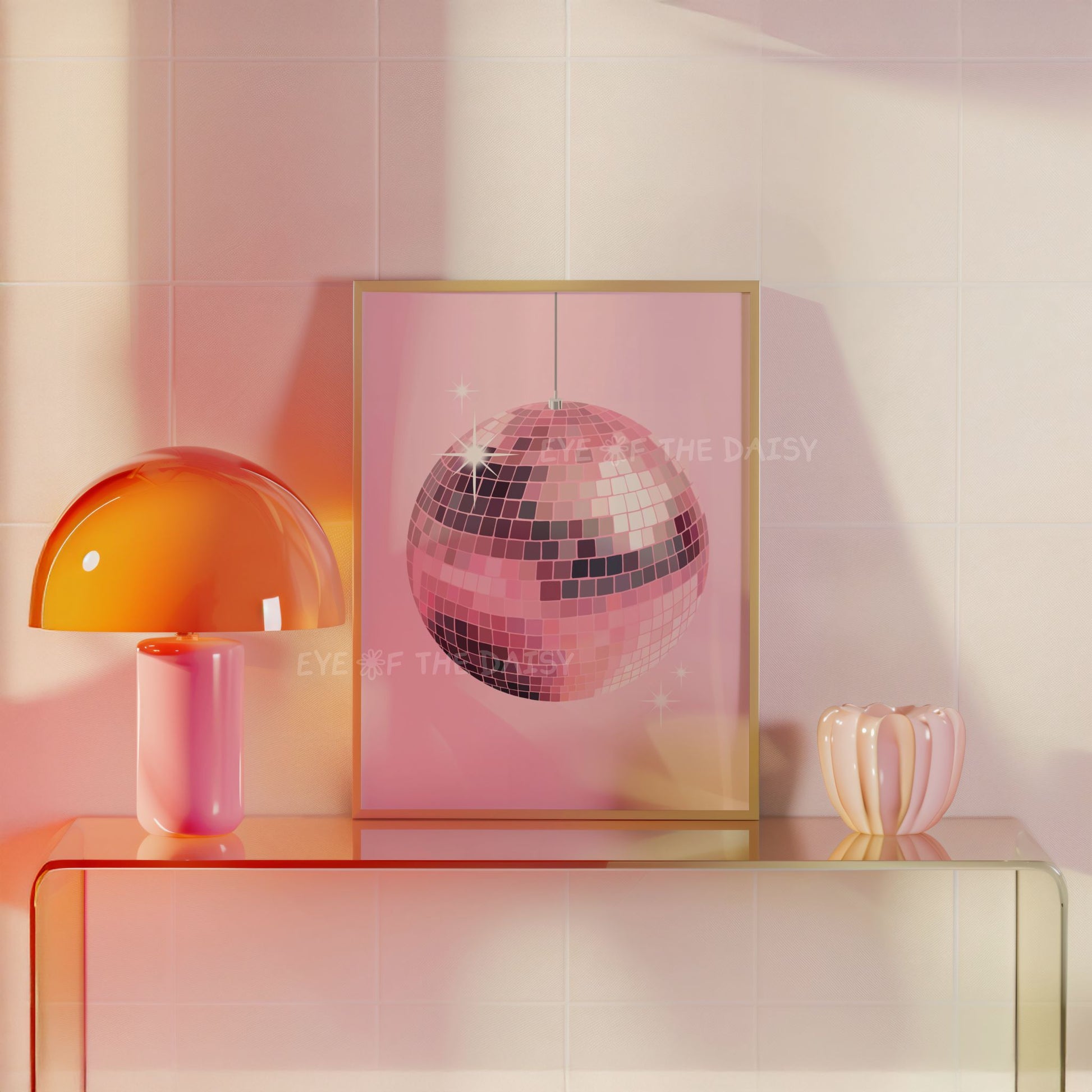 Modern disco ball wall art – light pink hand-drawn digital download print for contemporary decor or stylish apartment wall
