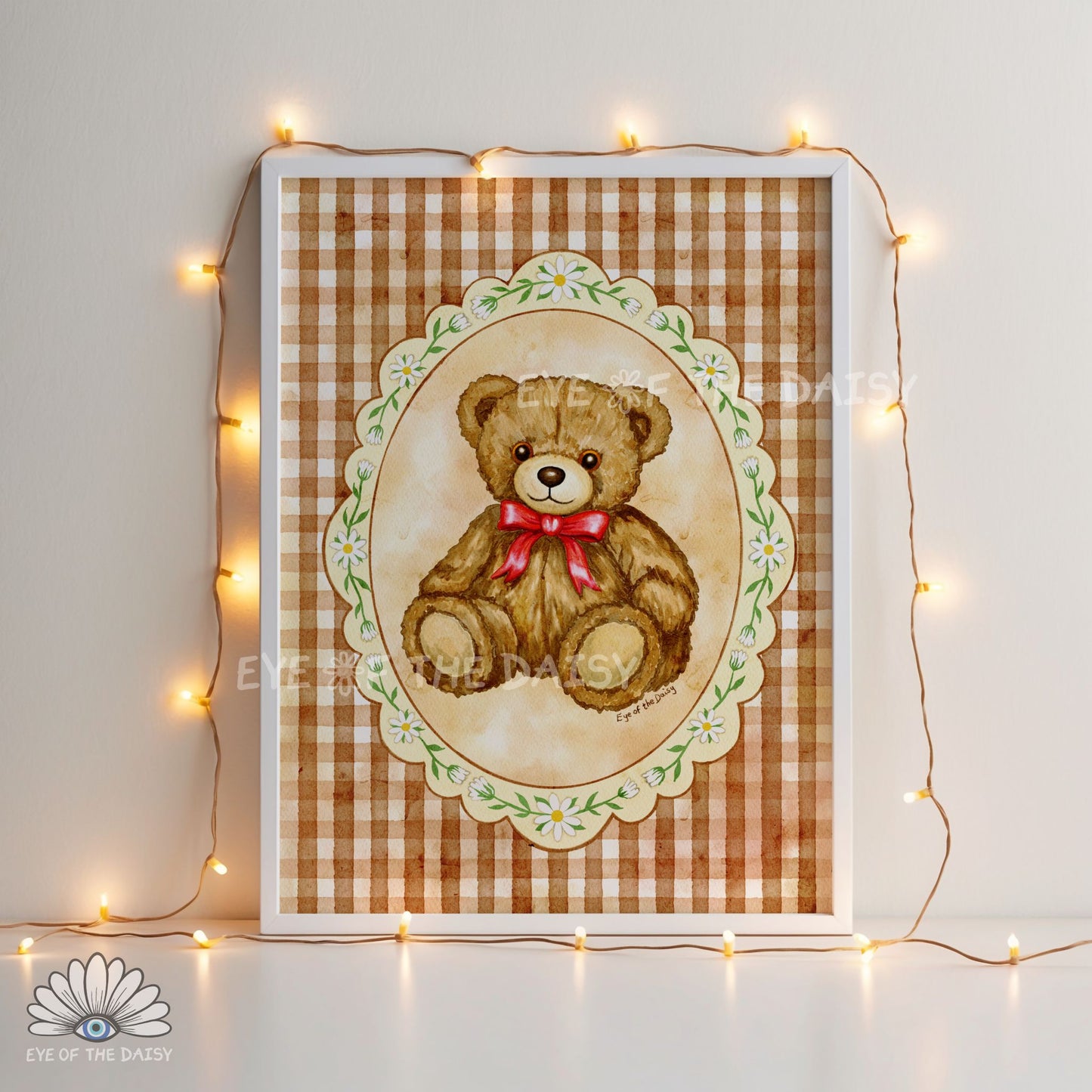 soft watercolour teddy bear illustration with a gingham border for a cozy cottagecore nursery