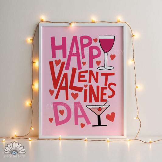 Valentine’s Day typography print digital download with wine glass and martini illustrations, fun bar cart decor