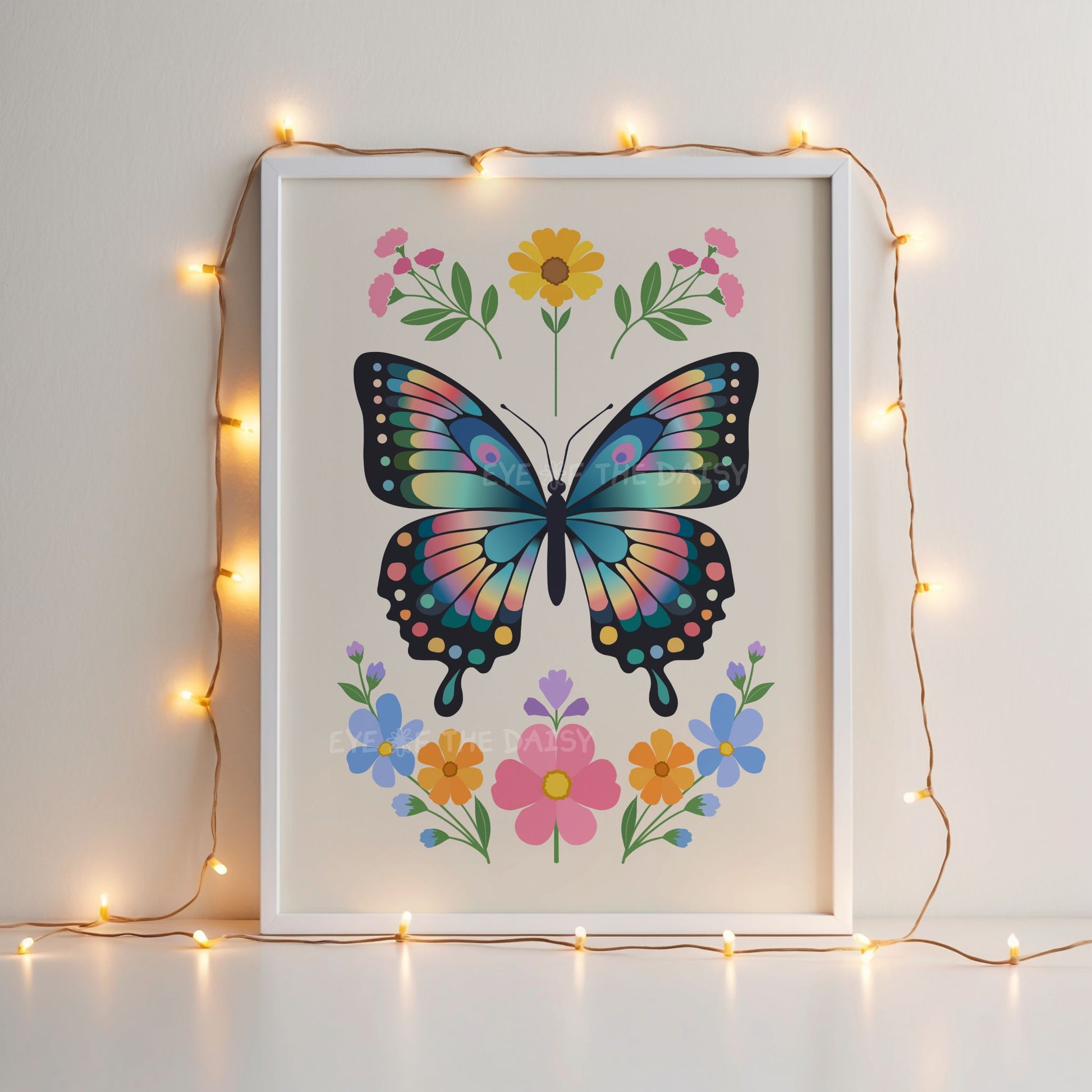 Beautiful colourful boho floral butterfly printable wall art with abstract flowers in a folk art style, great for a nursery