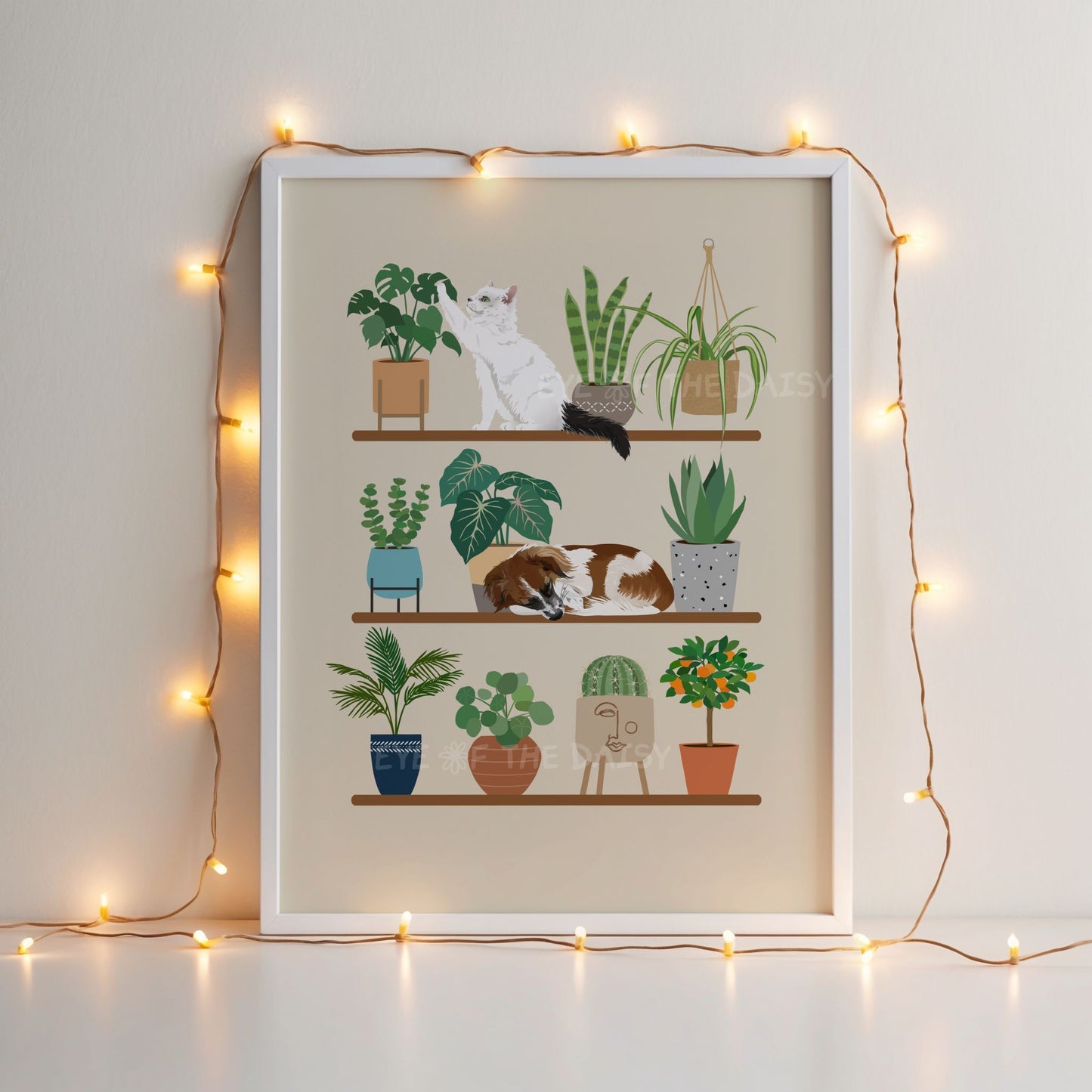 Personalized pet portrait print of pets on a shelf next to house plants, custom pet print gift