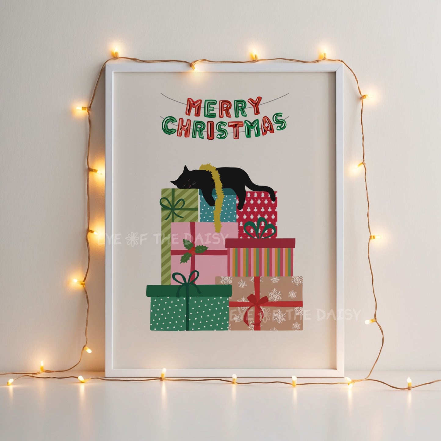 Sleeping Black Cat Print Digital Download | Cute Whimsical Christmas Printable Wall Art